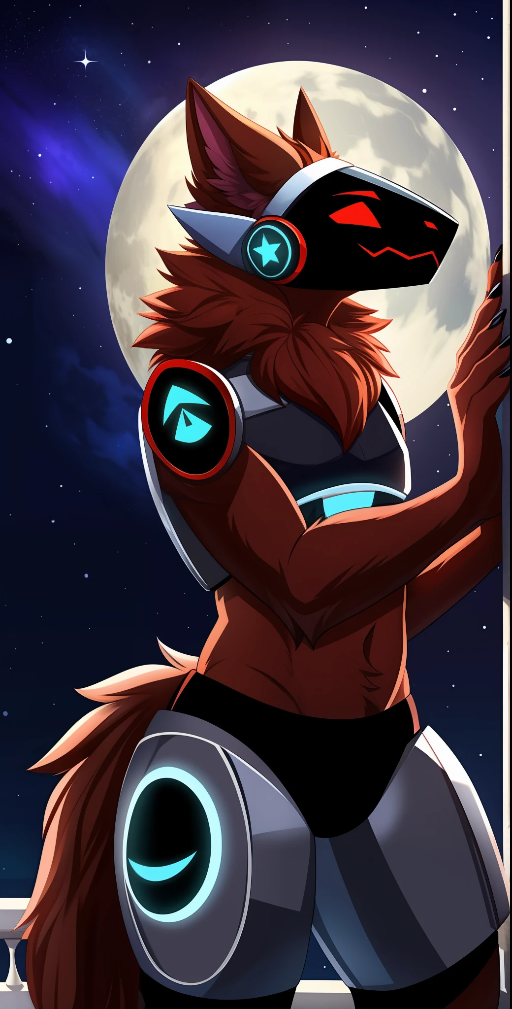 Protogen, pelaje negro y ojos rojos, pelaje suave, cuerpo detallado,sosteniendo una espada con la mano ,cielo oscuro, estrellas, luna llena, anochecer
