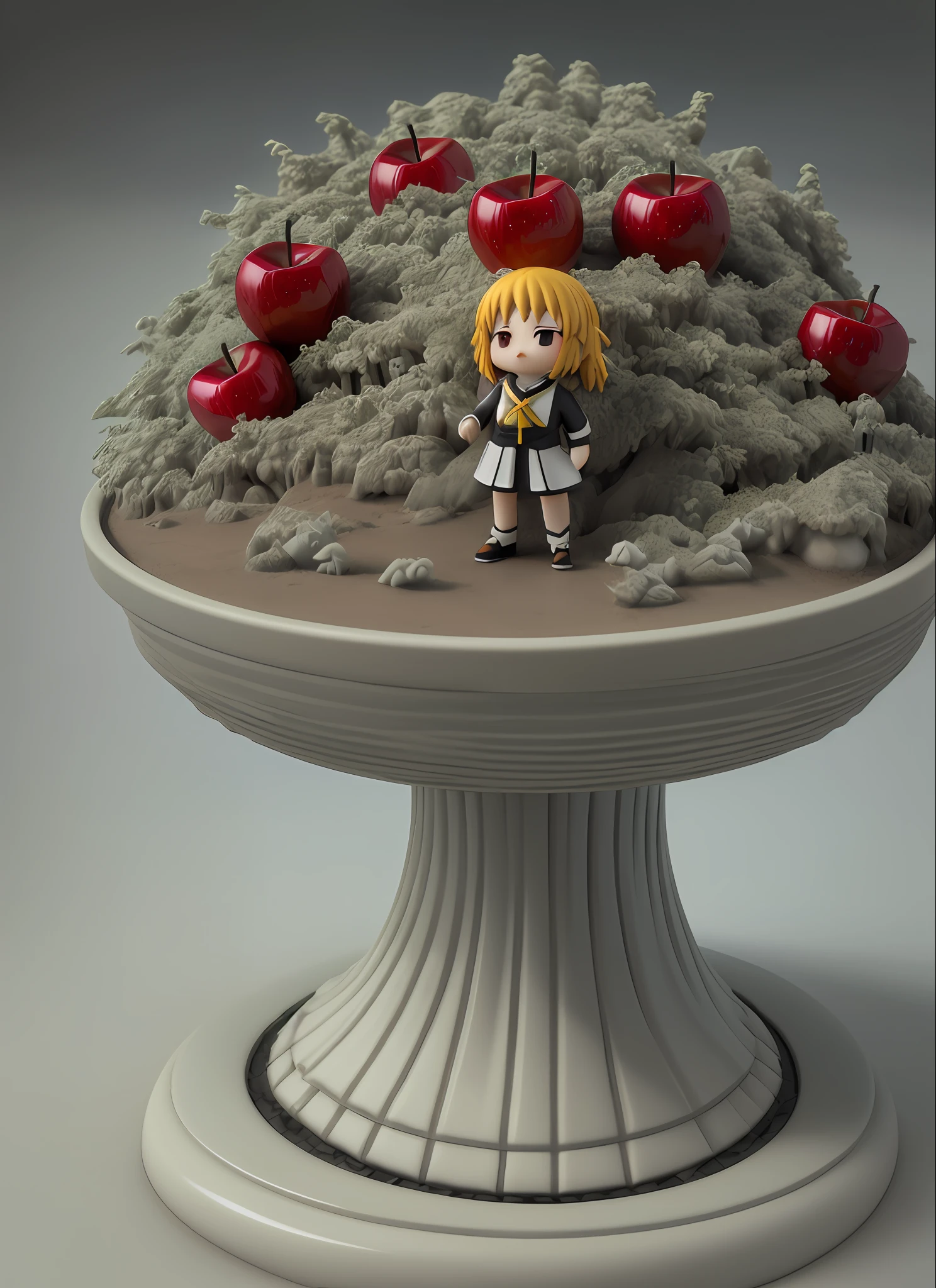 Forest setting, Old clones with lazy eyes are、Provides viewers with shiny red apples dripping with poison., Volumetric Lighting, god rays, Magnificent, Elegant, Beautiful, Fantastical, grimmer, killian eng, emotional, Atmospheric (((Chibichara,Anime characters.figurine,。.3D)))