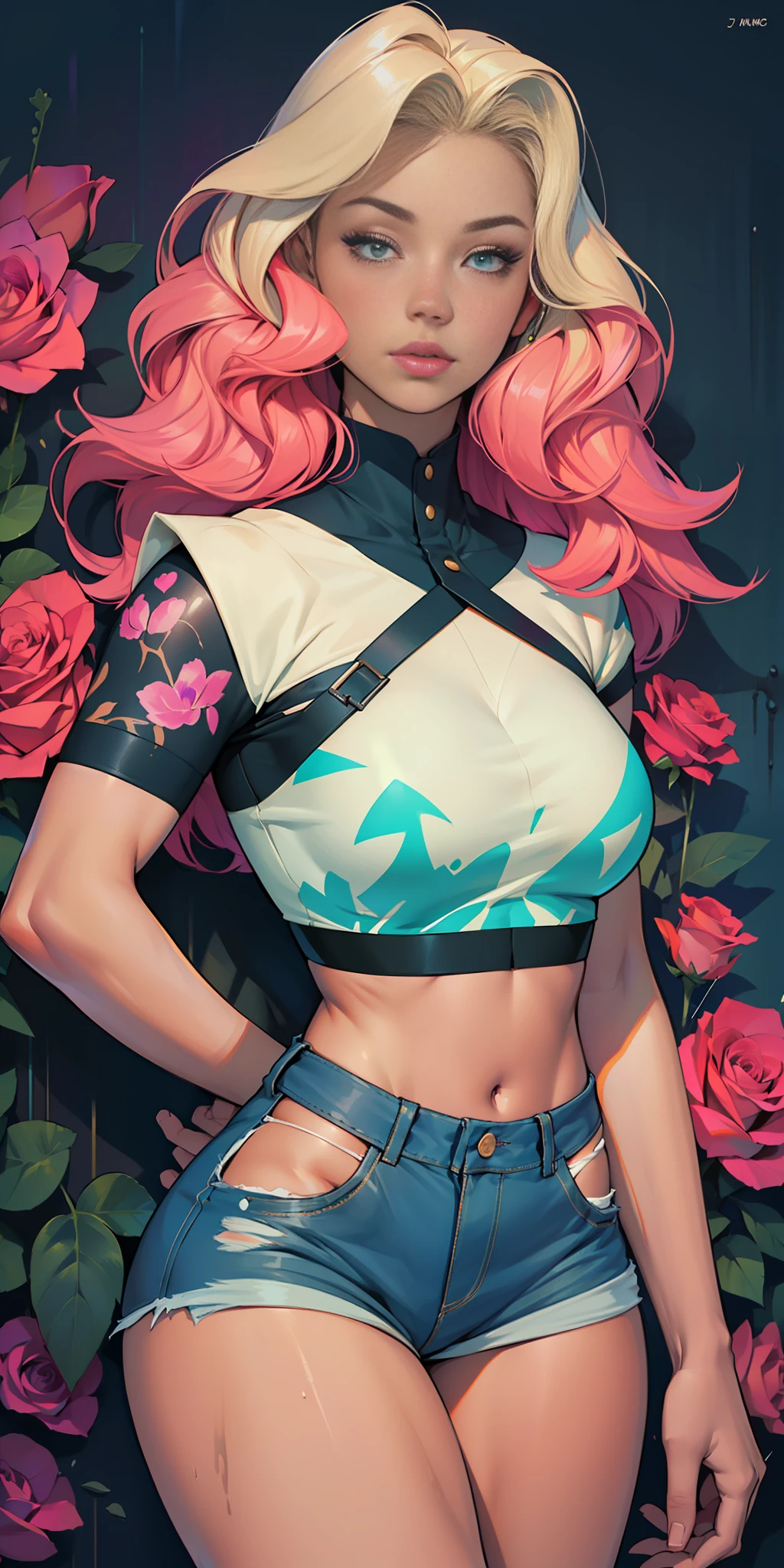 Background, In chic boho style, in a café, Ice cream print, multi-colored neon lights, neon garlands, rose hair, mixed-language_SMS, Japanese graffiti, (beautiful and clear background:1.2),, fantastic paintings ,graffit style, olhos altamente detalhados , Underwear, lace, latex, blonde girl, Cat Print, tattoo, Loving, Love, ultra detail hair, Masterpiece, Best Quality, high qulity, high resolucion, detail enhancement, ((most beautiful image in the world)), Masterpiece, Best Quality, high qulity, high resolucion, detail enhancement, ((most beautiful image ), Shiny pink, purple, mint, lavender, yellow, white degrade hair, ultra short fitted Stampa Flores, Rollers,  tights in a mesh, short denim shorts,  art by stjepan sejic, art by j scott campbell, art by guillem march, art by citemer liu, 4k, high resolucion, comic book character, comic, high quality detailed,   style of ::2.0 comix illustration style,tatoon style, high qulity, high resolucion, detail enhancement, 8K, HD, Best Quality, high qulity, high resolucion, detail enhancement, 8K, HDR, sharp-focus, Ultra Detailed, perfect  lighting, Curvy Body, Lush breasts, Curvy hips
