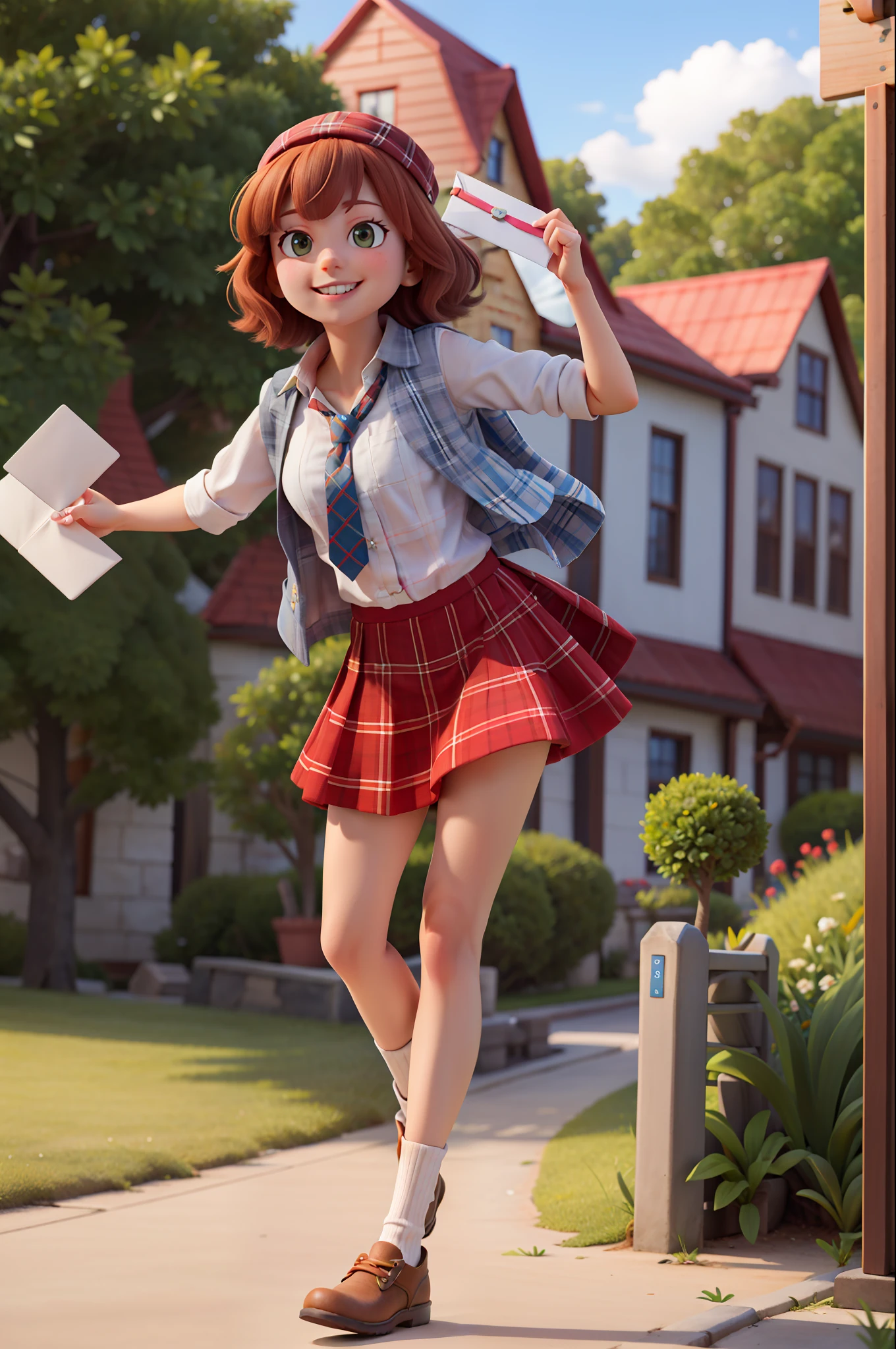 masterpiece, high quality best quality,1girl, bangs, beach, blue_sky, blush, bow, breasts, checkered, checkered_shirt, checkered_skirt, cloud, cloudy_sky, collarbone, day, envelope, giving, grass, hair_bow, heart, holding, holding_letter, horizon, incoming_gift, kazami_yuuka, leaning_forward, lens_flare, letter, light_rays, long_hair, looking_at_viewer, love_letter, mountain, mountainous_horizon, ocean, outdoors, plaid, plaid_background, plaid_bikini, plaid_bow, plaid_bowtie, plaid_bra, plaid_dress, plaid_headwear, plaid_jacket, plaid_legwear, plaid_necktie, plaid_neckwear, plaid_panties, plaid_pants, plaid_ribbon, plaid_scarf, plaid_shirt, plaid_skirt, plaid_vest, pov, shirt, skirt, sky, smile, solo, sun, sunbeam, sunlight, tree, unmoving_pattern