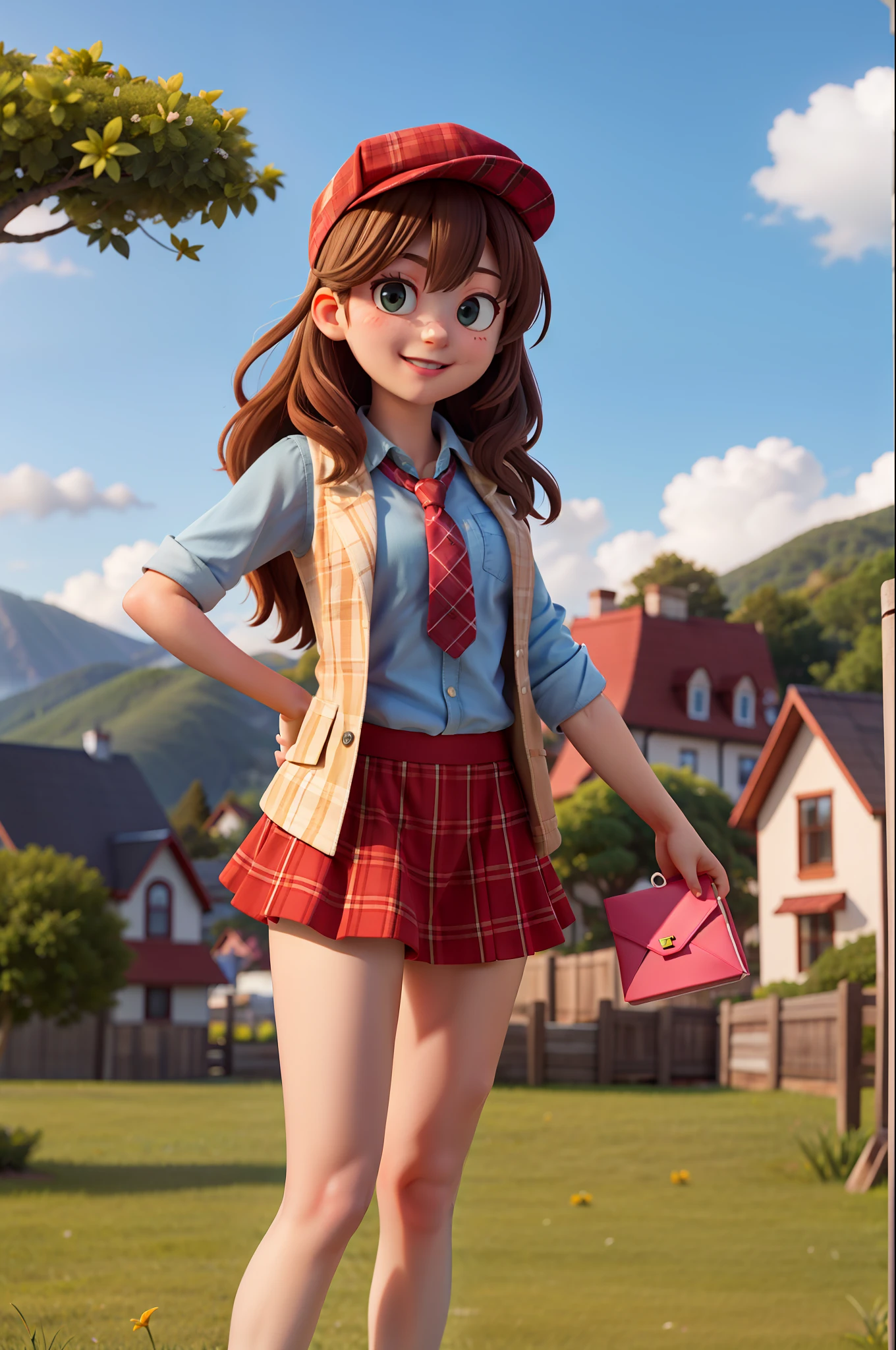 masterpiece, high quality best quality,1girl, bangs, beach, blue_sky, blush, bow, breasts, checkered, checkered_shirt, checkered_skirt, cloud, cloudy_sky, collarbone, day, envelope, giving, grass, hair_bow, heart, holding, holding_letter, horizon, incoming_gift, kazami_yuuka, leaning_forward, lens_flare, letter, light_rays, long_hair, looking_at_viewer, love_letter, mountain, mountainous_horizon, ocean, outdoors, plaid, plaid_background, plaid_bikini, plaid_bow, plaid_bowtie, plaid_bra, plaid_dress, plaid_headwear, plaid_jacket, plaid_legwear, plaid_necktie, plaid_neckwear, plaid_panties, plaid_pants, plaid_ribbon, plaid_scarf, plaid_shirt, plaid_skirt, plaid_vest, pov, shirt, skirt, sky, smile, solo, sun, sunbeam, sunlight, tree, unmoving_pattern