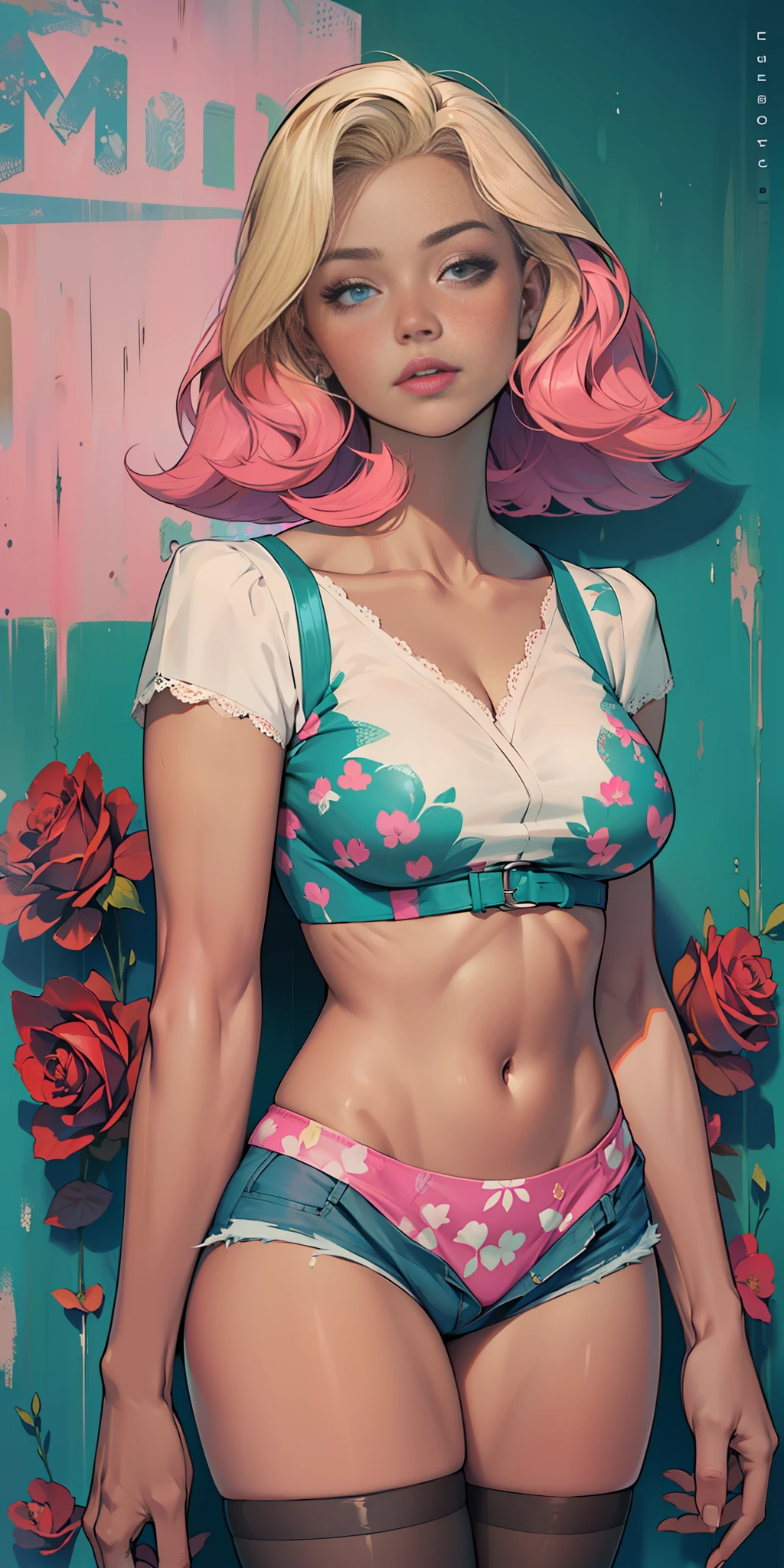 Background, In chic boho style, in a café, Ice cream print, multi-colored neon lights, neon garlands, rose hair, mixed-language_SMS, Japanese graffiti, (beautiful and clear background:1.2),, fantastic paintings ,graffit style, olhos altamente detalhados , Underwear, lace, latex, blonde girl, Cat Print, tattoo, Loving, Love, ultra detail hair, Masterpiece, Best Quality, high qulity, high resolucion, detail enhancement, ((most beautiful image in the world)), Masterpiece, Best Quality, high qulity, high resolucion, detail enhancement, ((most beautiful image ), Shiny pink, purple, mint, lavender, yellow, white degrade hair, ultra short fitted Stampa Flores, Rollers, tights in a mesh, short denim shorts, art by stjepan sejic, art by j scott campbell, art by guillem march, art by citemer liu, 4k, high resolucion, comic book character, comic, high quality detailed, style of ::2.0 comix illustration style,tatoon style, high qulity, high resolucion, detail enhancement, 8K, HD, Best Quality, high qulity, high resolucion, detail enhancement, 8K, HDR, sharp-focus, Ultra Detailed, perfect lighting, Curvy Body, Lush breasts, Curvy hips