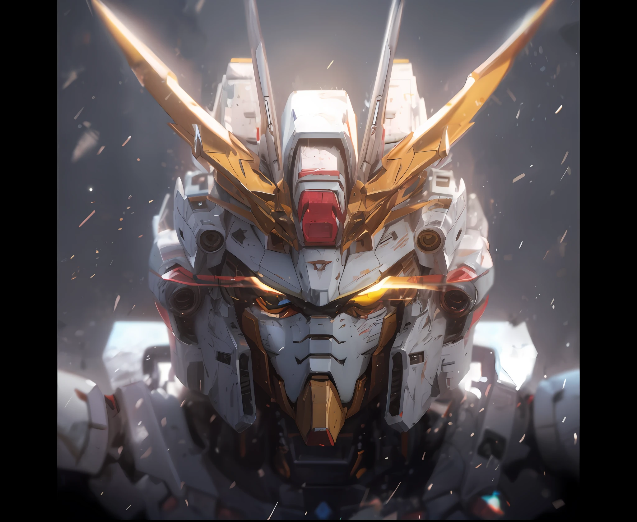 Close-up of a robot with a windy expression on his face,gundam head,Alexander Fira White Mech,Barbatos Gundam,mecha inspired,ArtStation masterpiece,Highly detailed digital art in 4K,gundam style,Robot mech,Cool mech style,Mecha portrait,ArtStation HD trends,Render with blue shift