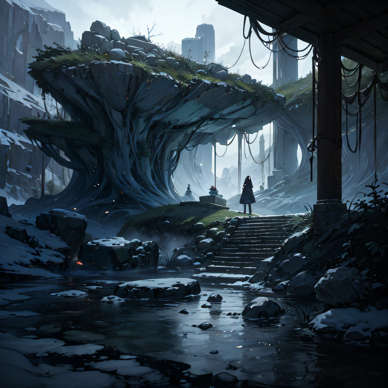 scenery, magic forest, floating rocks, night, cold, super cold, RPG style, manga style, atmospheric perspective, 8k, super detail, ccurate, best quality --auto