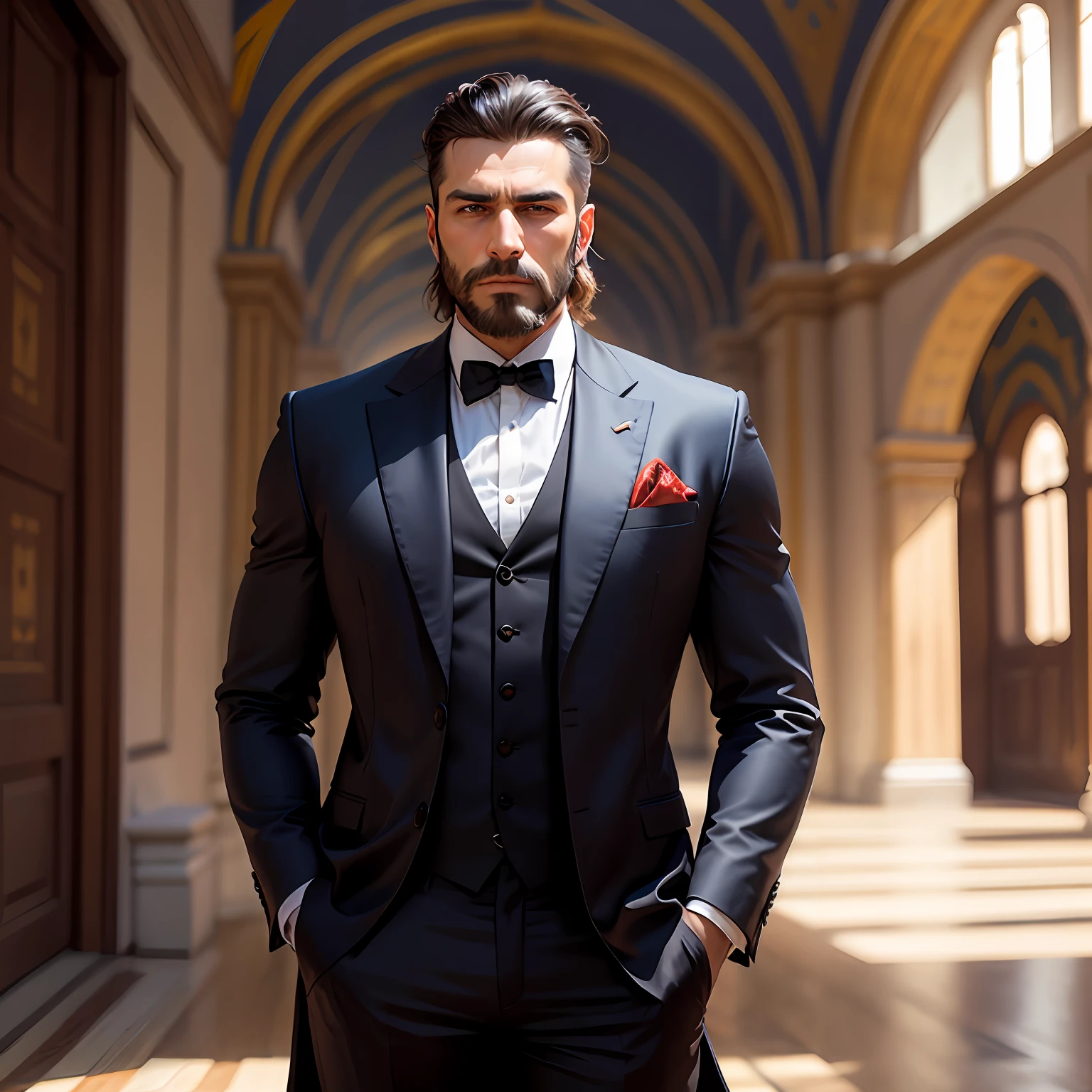 "a very handsome Ottoman man, aged 40, with suave demeanor and a trimmed beard, standing in front of the stunning backdrop of Hagia Sophia." --auto