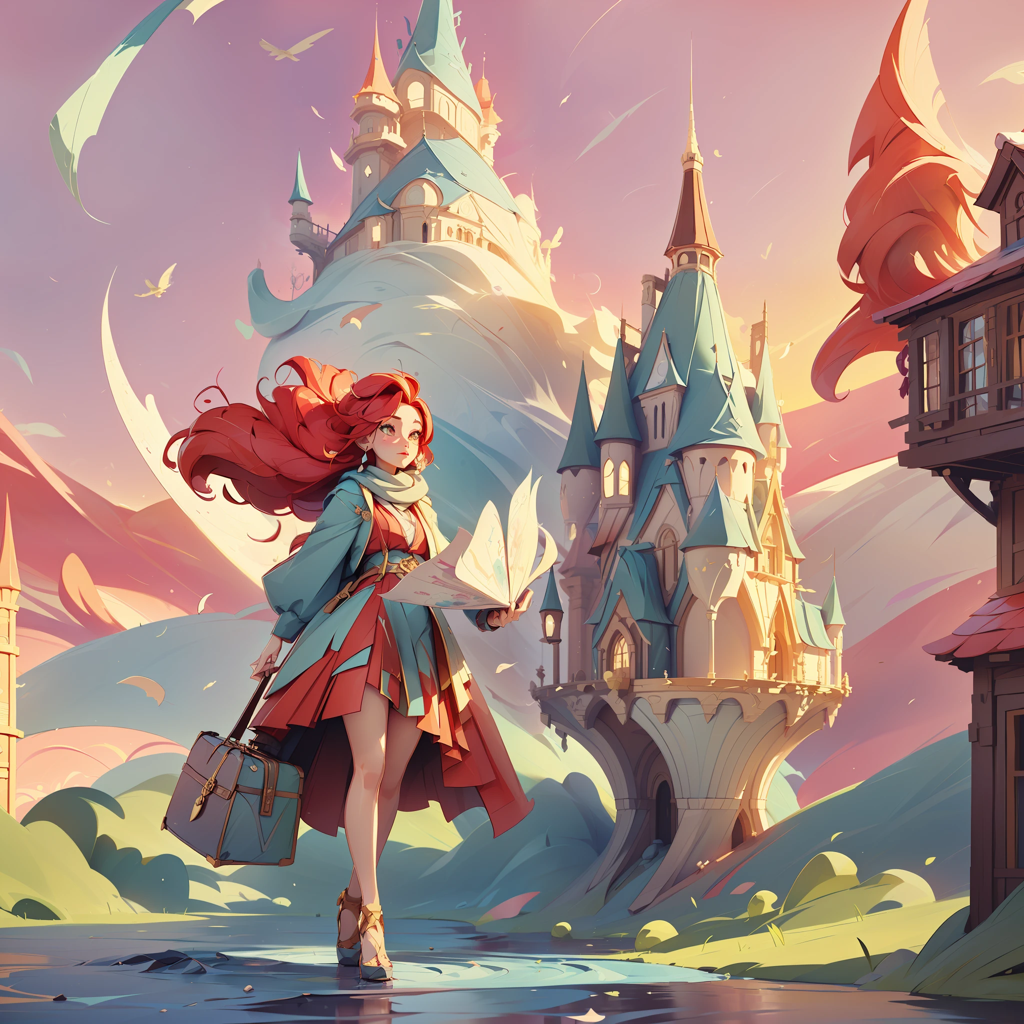 (((masterpiec)traveler, maps flying on the wind, magic particles, myaterious girl, vibrant colors, 1girl, red hair girl