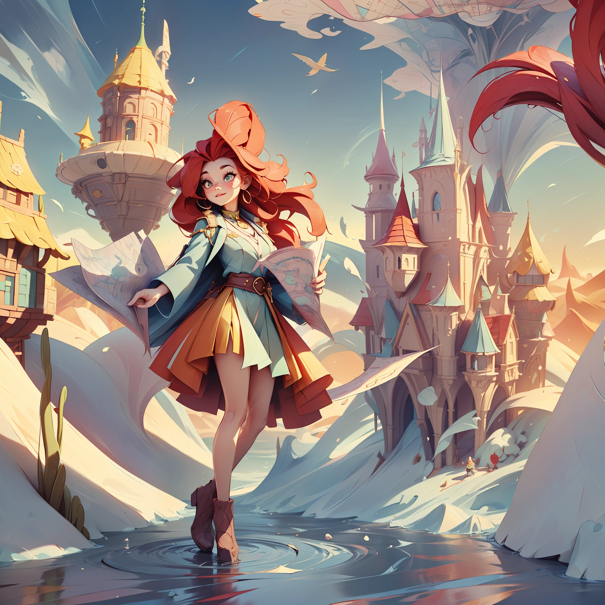(((masterpiec)traveler, maps flying on the wind, magic particles, myaterious girl, vibrant colors, 1girl, red hair girl