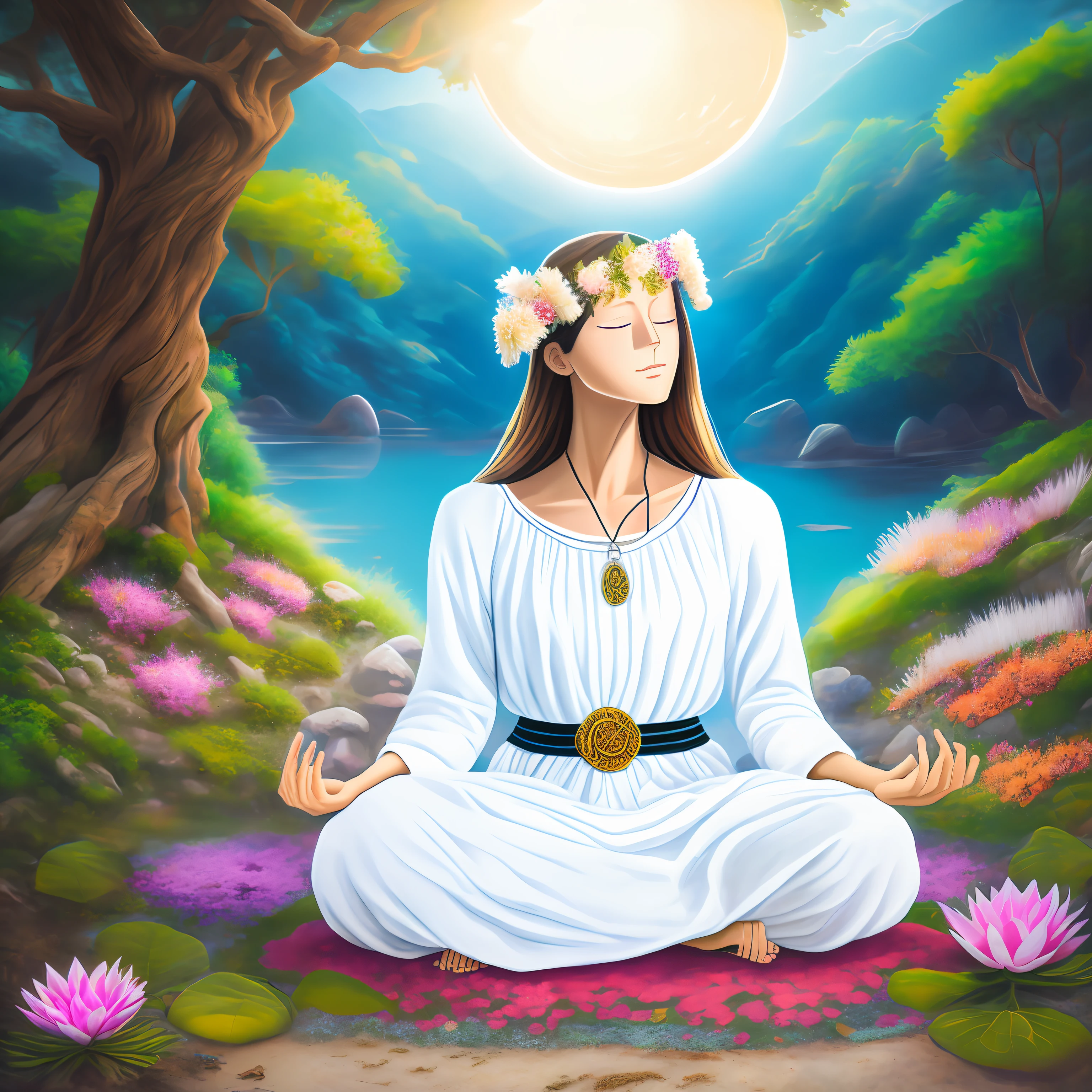 melher in anime white skin in meditation position with translucent white dress with a pulsera de oro and a wreath with colored stones on the bare head with eyes closed in lotus position under a tree in the baira of un rio with illuminating sunlight and a landscape in the background flowers and leaves on the ground hyperdetailed photorealism sharp focus contrast of high resolution realistic intricate detailed refractive lighting of atmospheric light