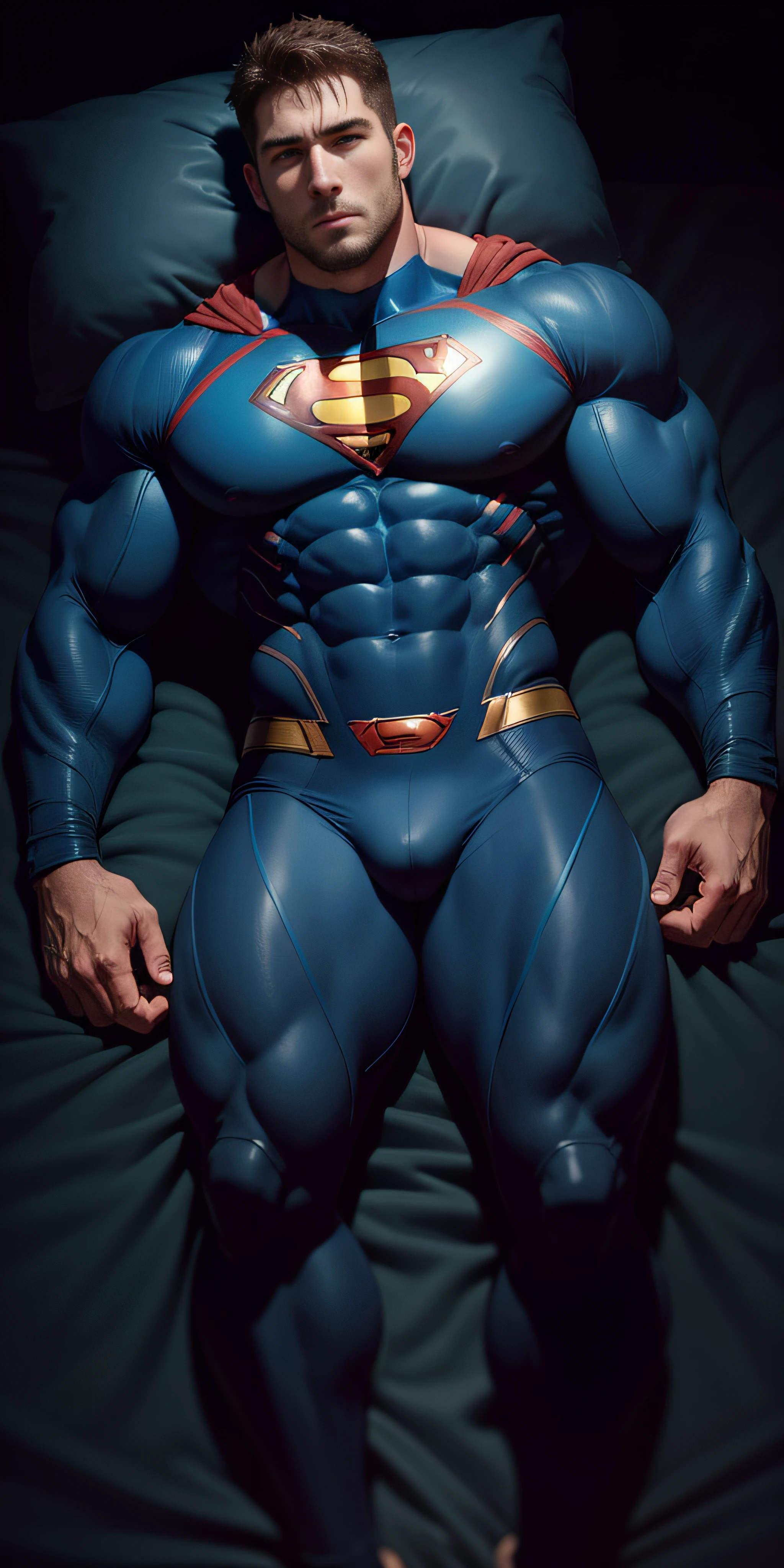 1 muscular man wrapped in dark blue Superman tight high-necked Slime,Sleep on a large bed with sunken dark blue tentacles wrapped around them,There are plenty of dark blue stout tentacles on the bed,They burrowed between their legs,There are stout massage sticks on the bed,Eyes are confused,muscular male hero,buzz cut,Tall and burly,very muscular!Tall, Burly, and strong, Sneak suit,Thickened warm tights,Advanced symmetrical pattern texture,Premium texture highlights, Sexy thick legs,super gain and cool, high resolution commission, Character design(Resident Evil - Chris Redfield,Chris Redfield),Rough big feet,Dark blue cotton socks,Attractive strong men,He opened his mouth wide,In the shout