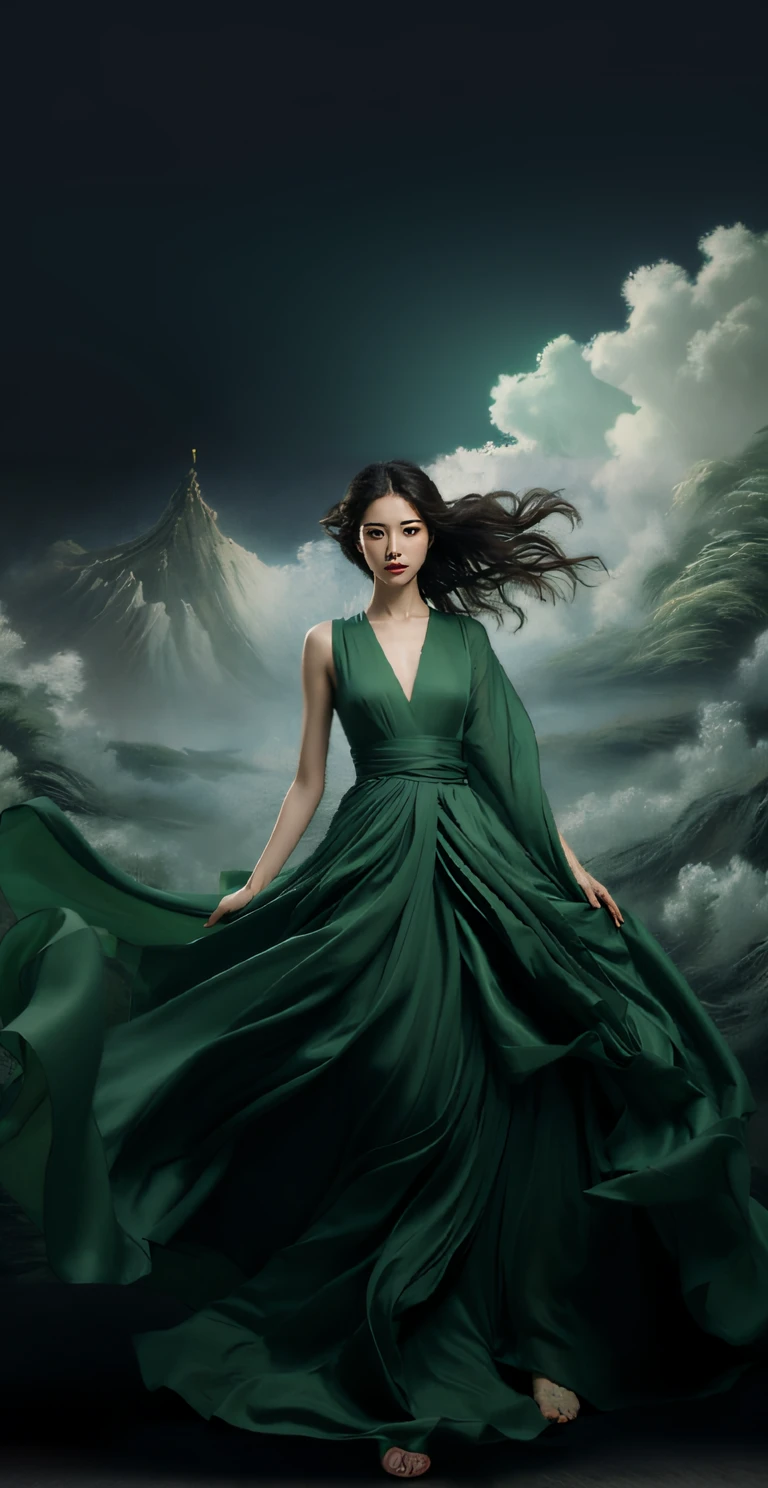 arafed woman in a green dress standing in front of a mountain, Zhang Jingna, flowinggown, flowy dress, Green dress, ornate dark green clothing, dark emerald mist colors, Inspired by Tang Yifen, beautiful flowing fabric, Dark green dress, she wears a dark green dress, with a green cloak, inspired by Zhang Yan, Green cloak