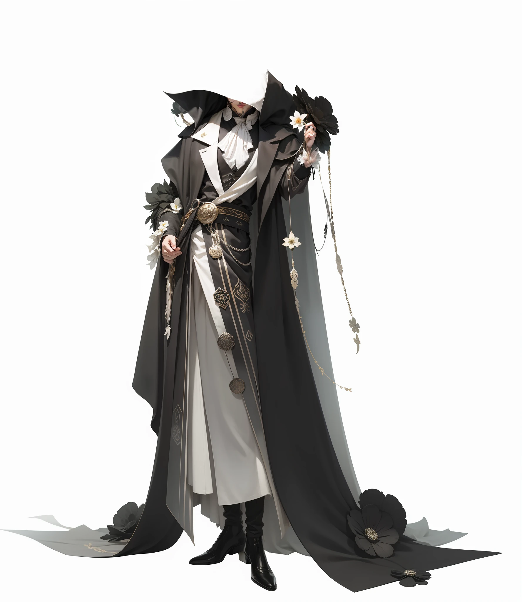 style of anime，Eastern fantasy combined with Western fantasy，Gorgeous menswear，Young men's clothing，long black robes，Black cape，Black mandala flower decoration，silver ornaments