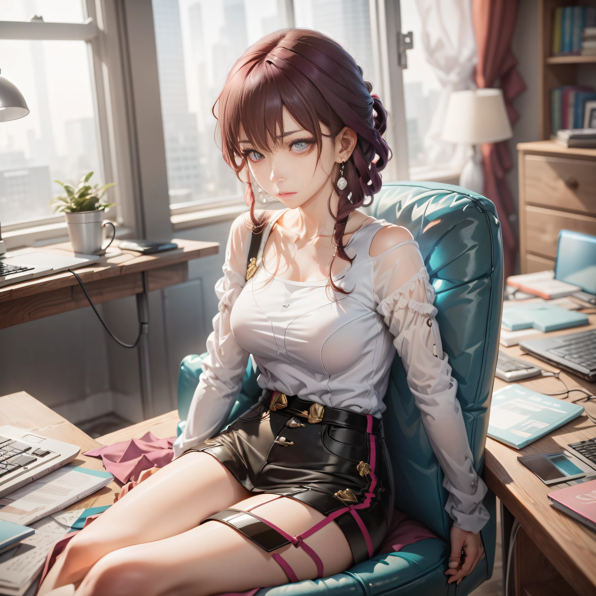 A girl with,Sit next to the computer,The expression is serious,dressed in a white t-shirt