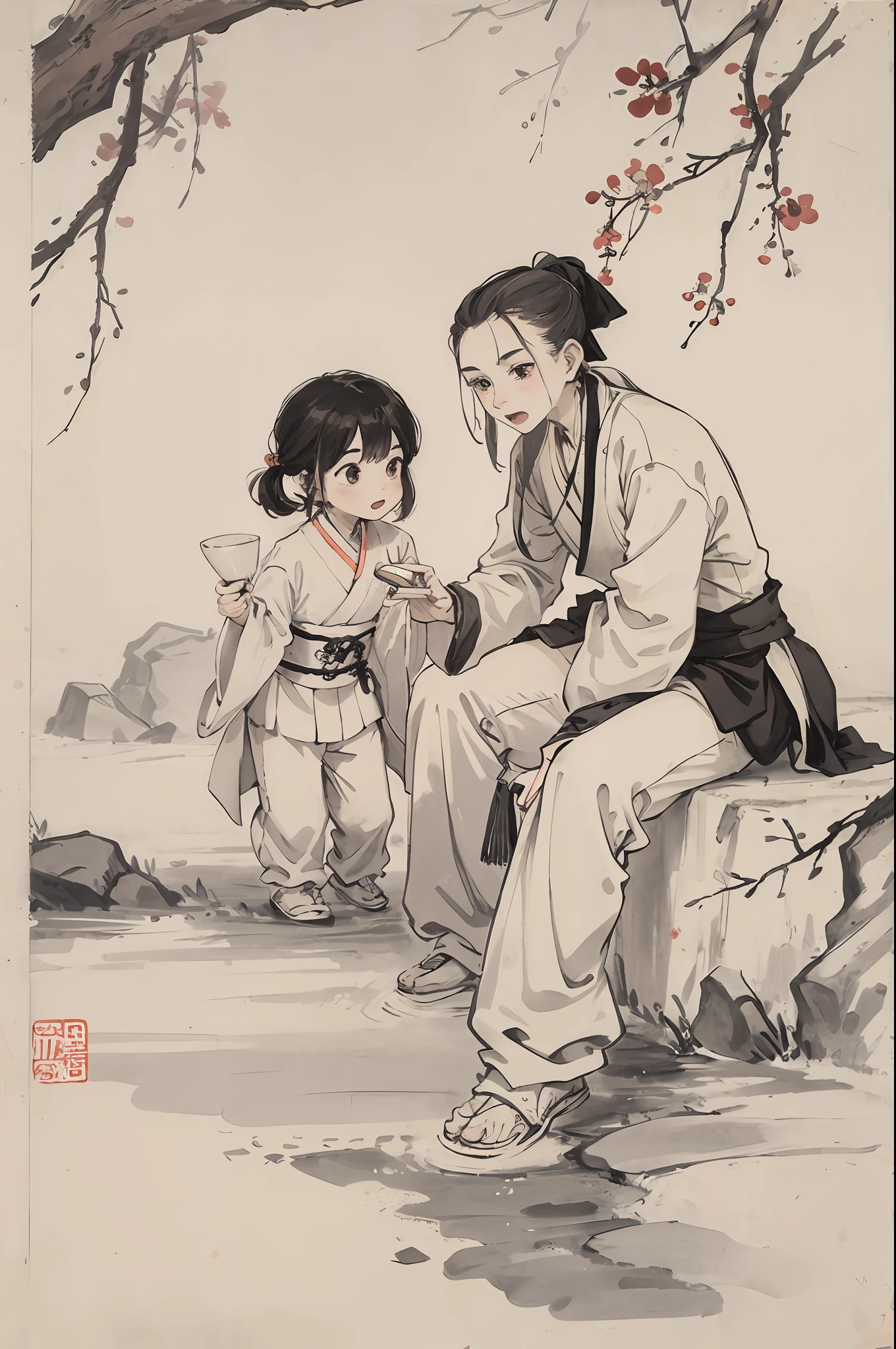 (masterpaintings,Best Quority:1.2),chinese traditional ink painting,Two children arguing with each other,One of the children holds a cup of milk tea in his hand