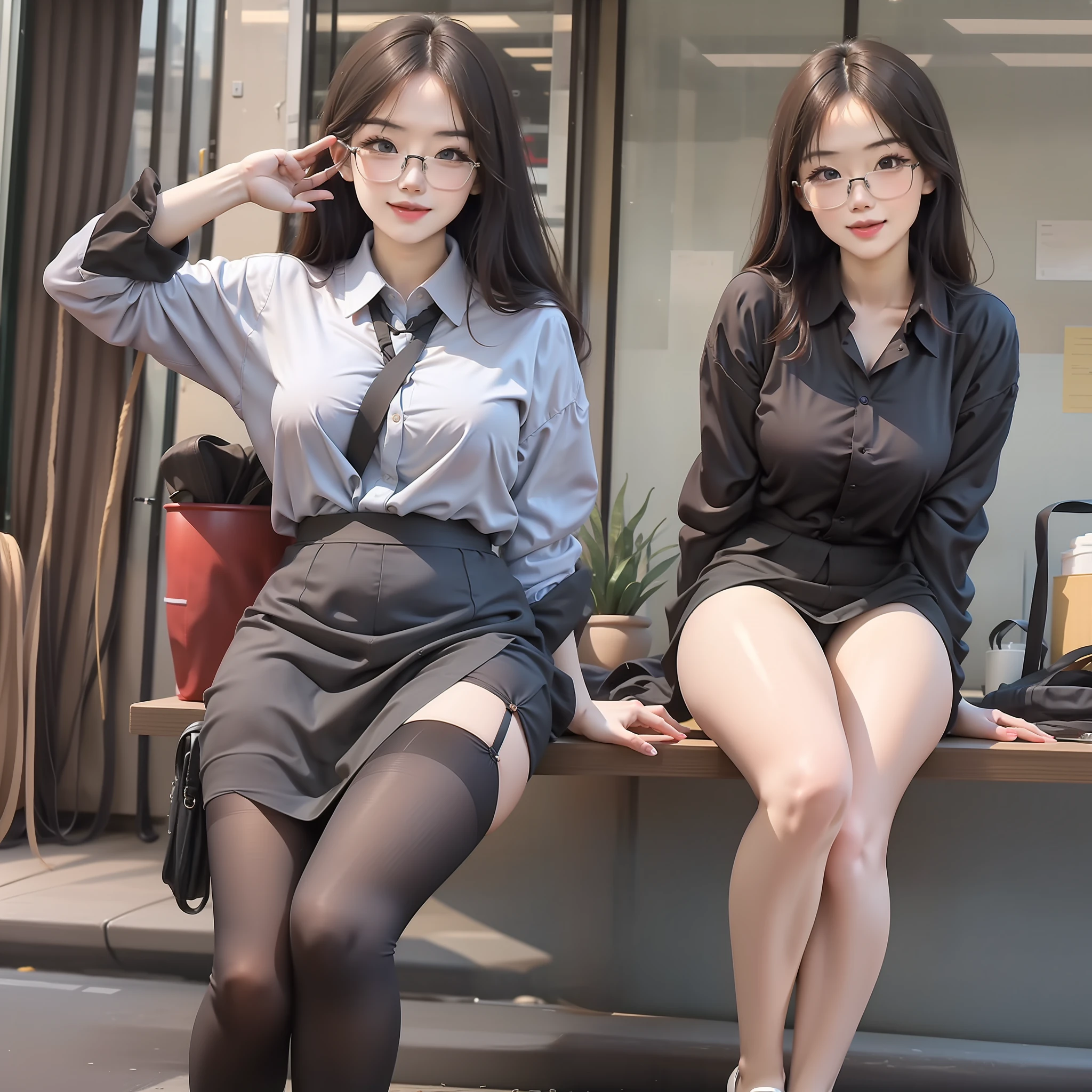Best Quority, Full body like,Refined face,pretty face,25 years old woman,slimfigure,Smaller bust,office lady uniform,Office wear,black lence stockings,Outdoor scene,Sit Pose,wears glasses,One Man,Cheeks than heart,fine thighs,legs long