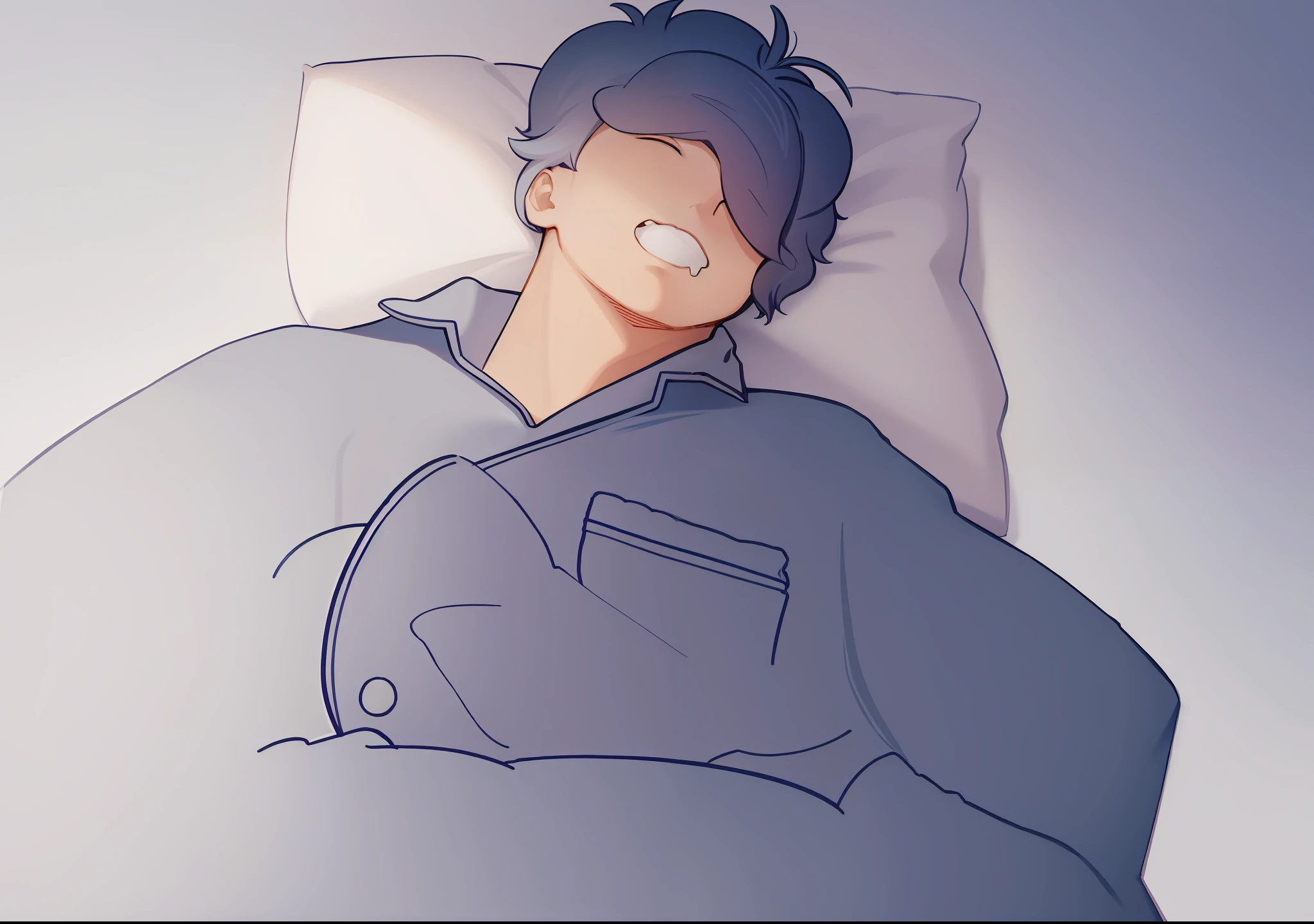 A man lies on the bed,Painting of pillows and pillowcases, laying on top of bed,droolng,The Q version is cute,colorful illustrations