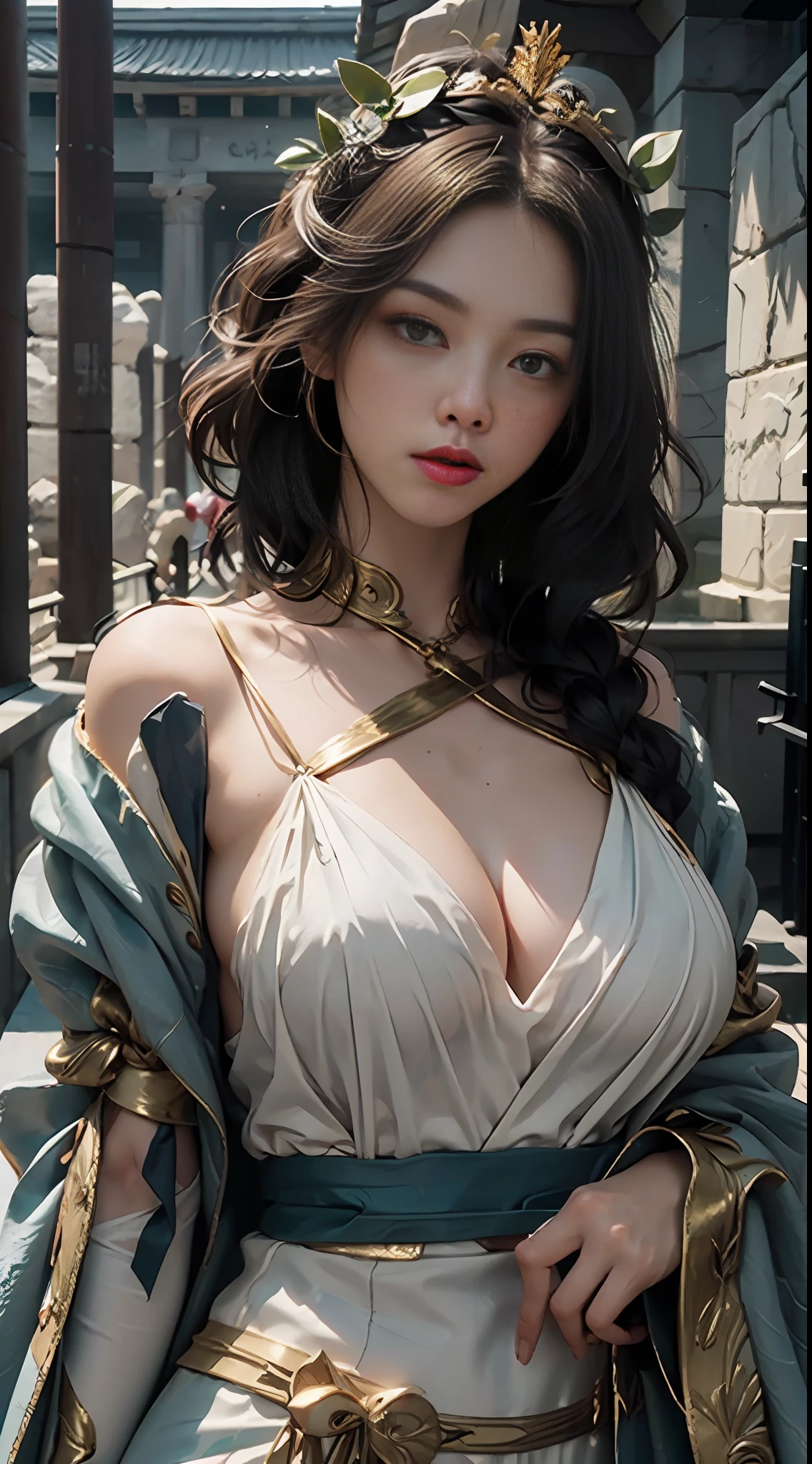 1girl huge large breasts,Greek goddess,Vi delicate and beautiful face,golden hair,Various hairstyles,Garland crown,voluptuous breasts,Convex buttocks,greek clothes,Tulle covers the breasts,perfectly proportioned, Detailed clothing details,Temple,marble,god statue,World Tree,Cinematic lighting, filmgrain, Fujicolor, lightand shade contrast, 8K, 巨作, Textured skin, Super detail, high detailing, High quality, A high resolution,
