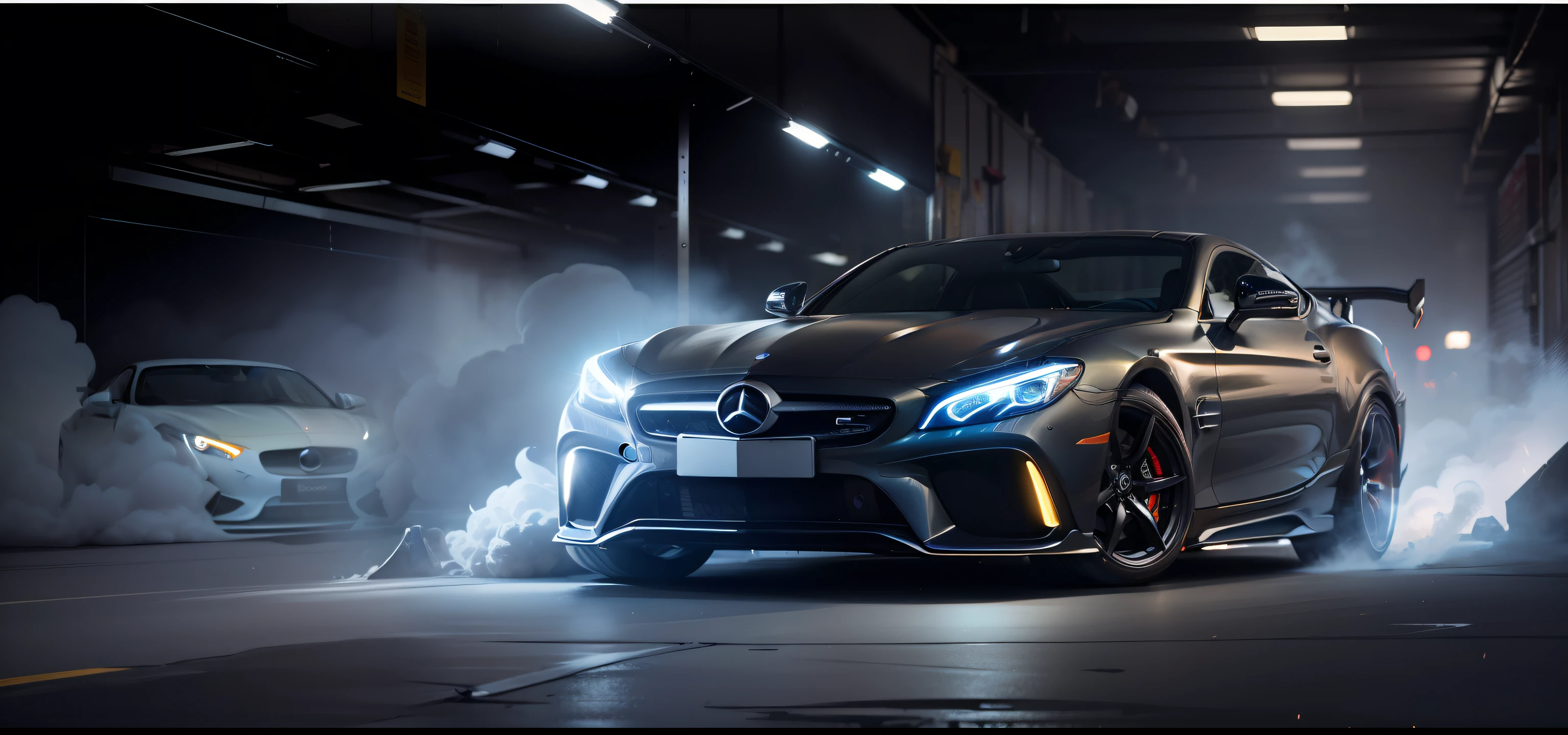 Photography in the dark garage, smoke rising from it. Sports car wallpaper phone, with a wide body design and stunning frontal shooting effects. SLR shooting, 4K mobile wallpaper, cool flash, and handsome headlights. The lighting effect of the car lights is excellent. Wallpaper phone, sports car, wide body, sports car, car photography, front, Mercedes Benz, headlights, CG technology, a yellow car,a yellow car --auto