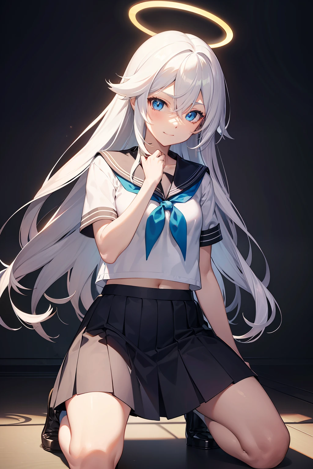 巨作, Best quality, 巨作,Best quality,offcial art,Extremely detailed CG Unity 8k wallpaper, crepuscular, strong rimlight, intense shadow, Game_CG, girl, hair between eyes, Blue eyes, Small breasts, tsurime, Long hair, White hair, Putting up with_face, Kneeling, Naughty_face, serafuku,body complet,,metal halo,a glowing halo,