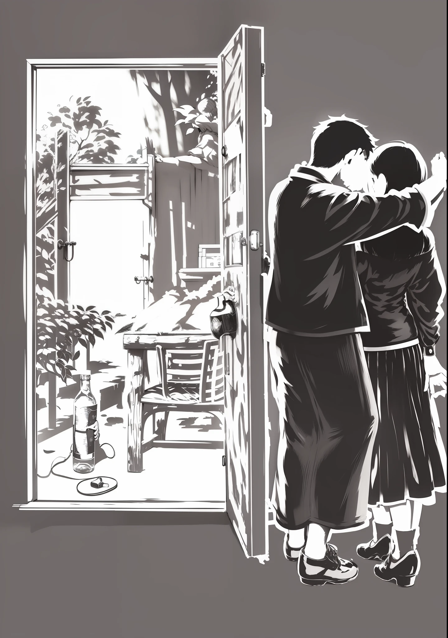 Behind the door,A man presses a woman,The woman lowered her head,Outside the door are chairs、Wine bottles、large gate、the trees