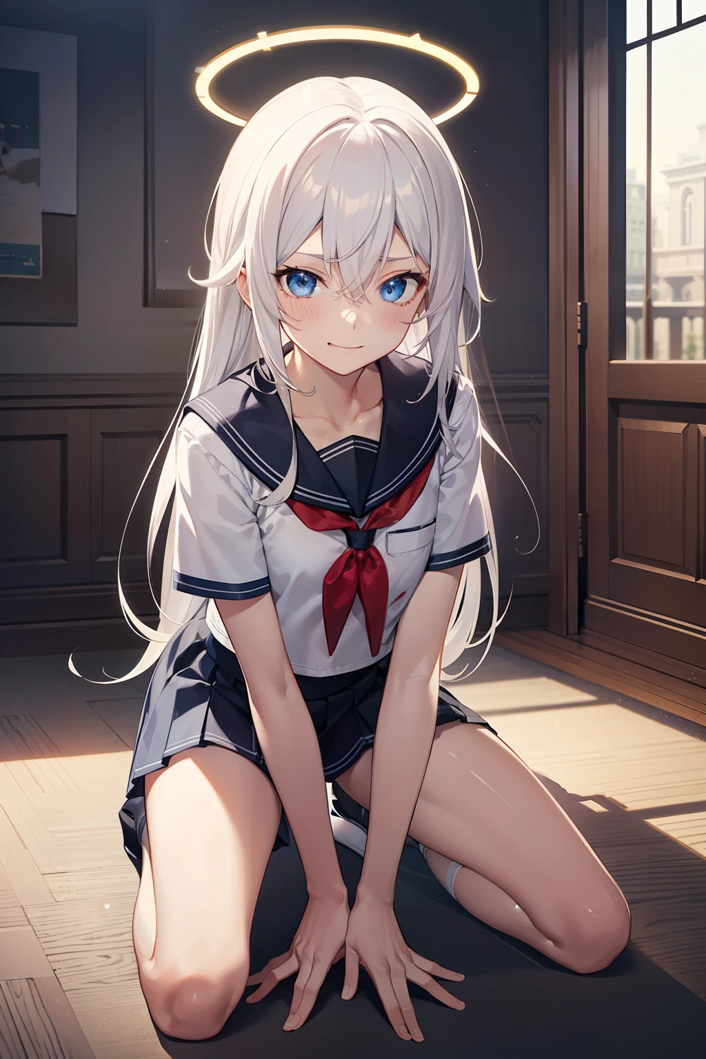 巨作, Best quality, 巨作,Best quality,offcial art,Extremely detailed CG Unity 8k wallpaper, crepuscular, strong rimlight, intense shadow, Game_CG, girl, hair between eyes, Blue eyes, Small breasts, tsurime, Long hair, White hair, Putting up with_face, Kneeling, Naughty_face, serafuku,body complet,,metal halo,a glowing halo,