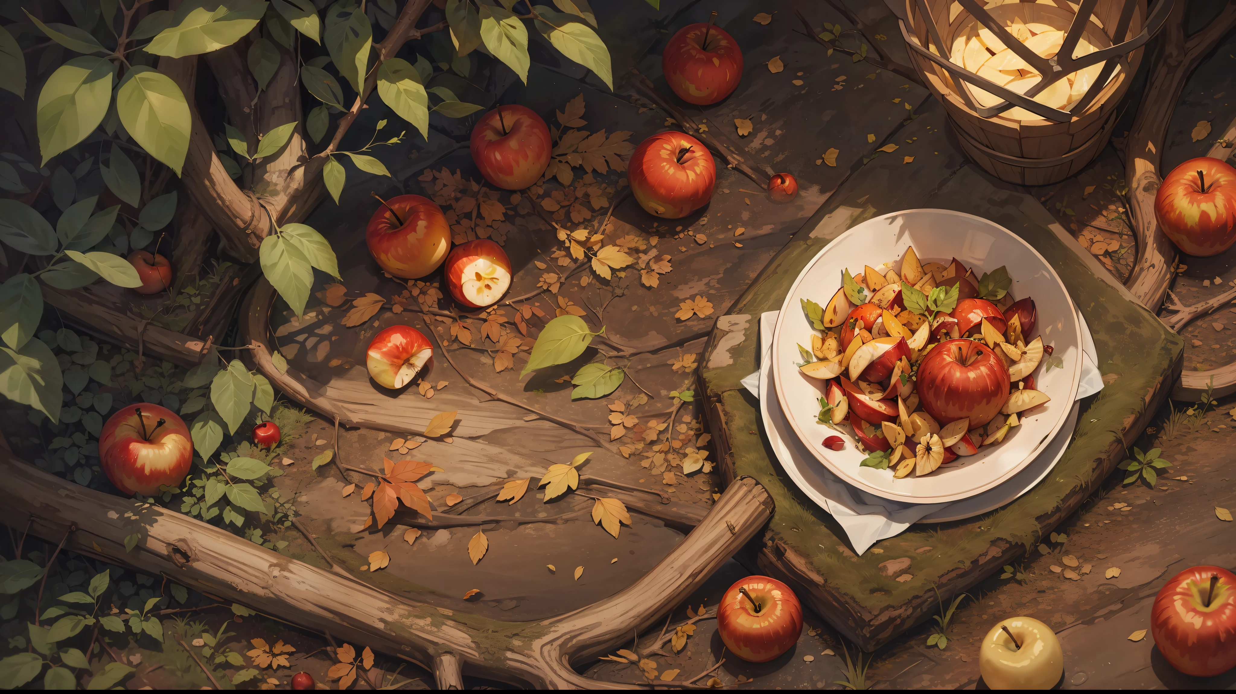 masterpiece, high quality, best quality, Red apples, lying on the grass, foodphoto,