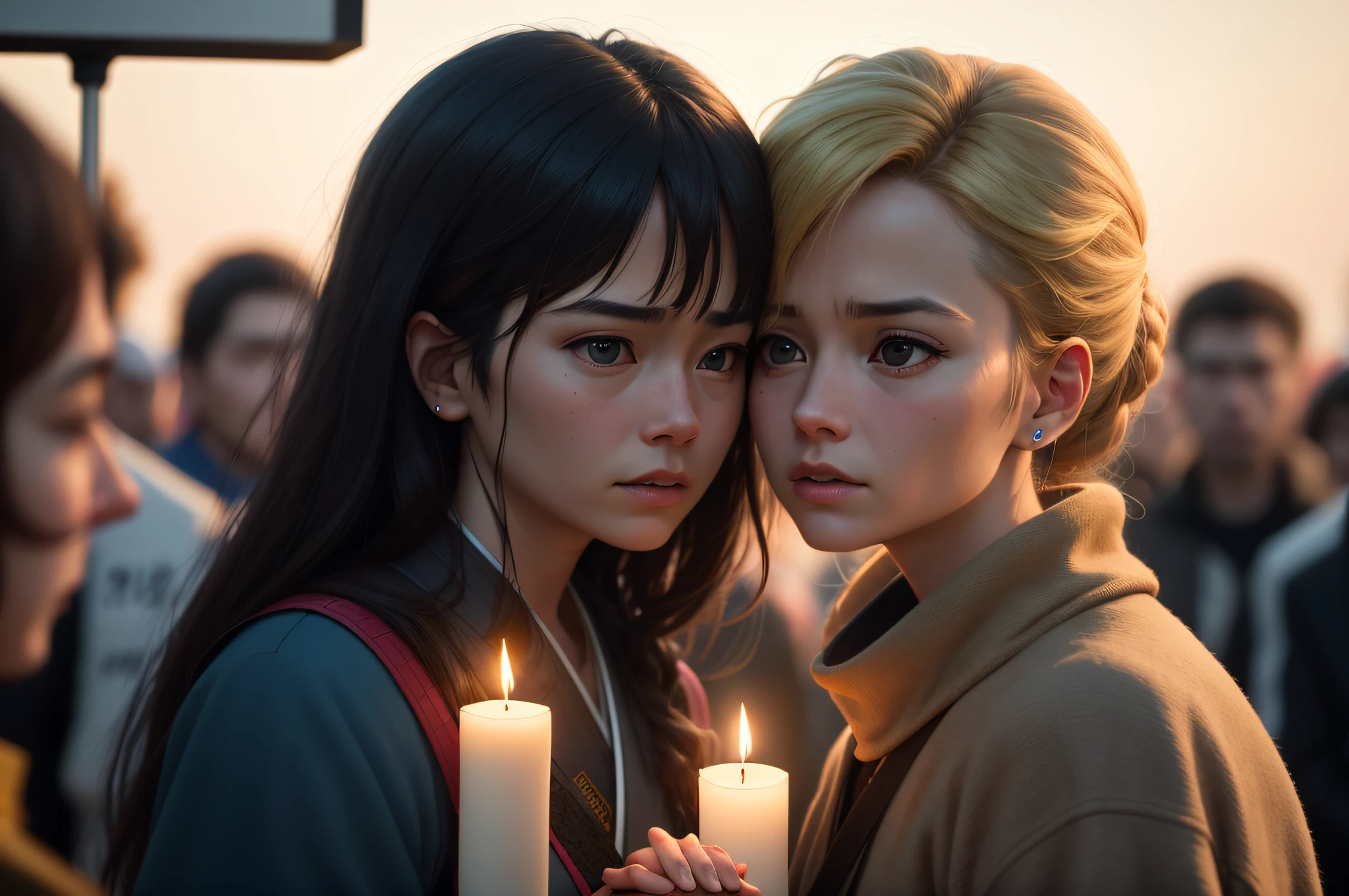 A solemn gathering of people in a candlelit vigil, holding hands and standing in solidarity, with their faces reflecting a mix of determination, compassion, and hope, conveying a sense of unity and support in the face of adversity, ultra realistic, film grain, cinematic color grading, detailed faces, dramatic lighting, Photography, using a portrait lens (85mm), --ar 3:2 --v 5, still from a live action movie, scene from live action movie, still from the movie, japanese live-action movie, 8 k movie still, highlight scene of the movie, screenshot from a movie, movie still 8 k, still from a movie, still image from the movie, sergey zabelin