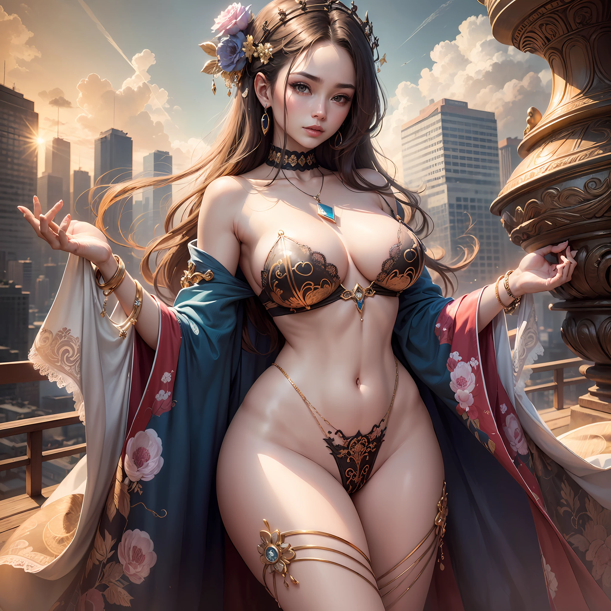 Fashion ultra beautiful girl, unparalleled masterpiece, ultra realistic 16k CG, perfect artwork, (detailed accessories),
(The sky is dreamy with colorful cloudscape in the evening):1.5,
(perfect female figure), mature female, narrow waist, looking at viewer, clean, beautiful face, pure face, pale skin, absurdly long golden hair, (F cup of large breasts, nsfw, breasts in, puffy, small, middle areolae), divine goddess, shiny skin, skin dentation, (rich:1.2), colorful eyes,
(Chinese Embroidery hollow cape by translucent lace, lace trim, lace-trimmed legwear, delicate pattern, intricate detail, prestige, gorgeous, (Jewelry chain to rope by Japanese bondage with diamond pattern and bracelet necklace):1.5,
The beauty landscape of the cosmic sea gradually entered our retinas, lift one perfect slim leg over head by herself at luxury roof balcony of old and intricate Imperial Palace by gorgeous Baroque style,
