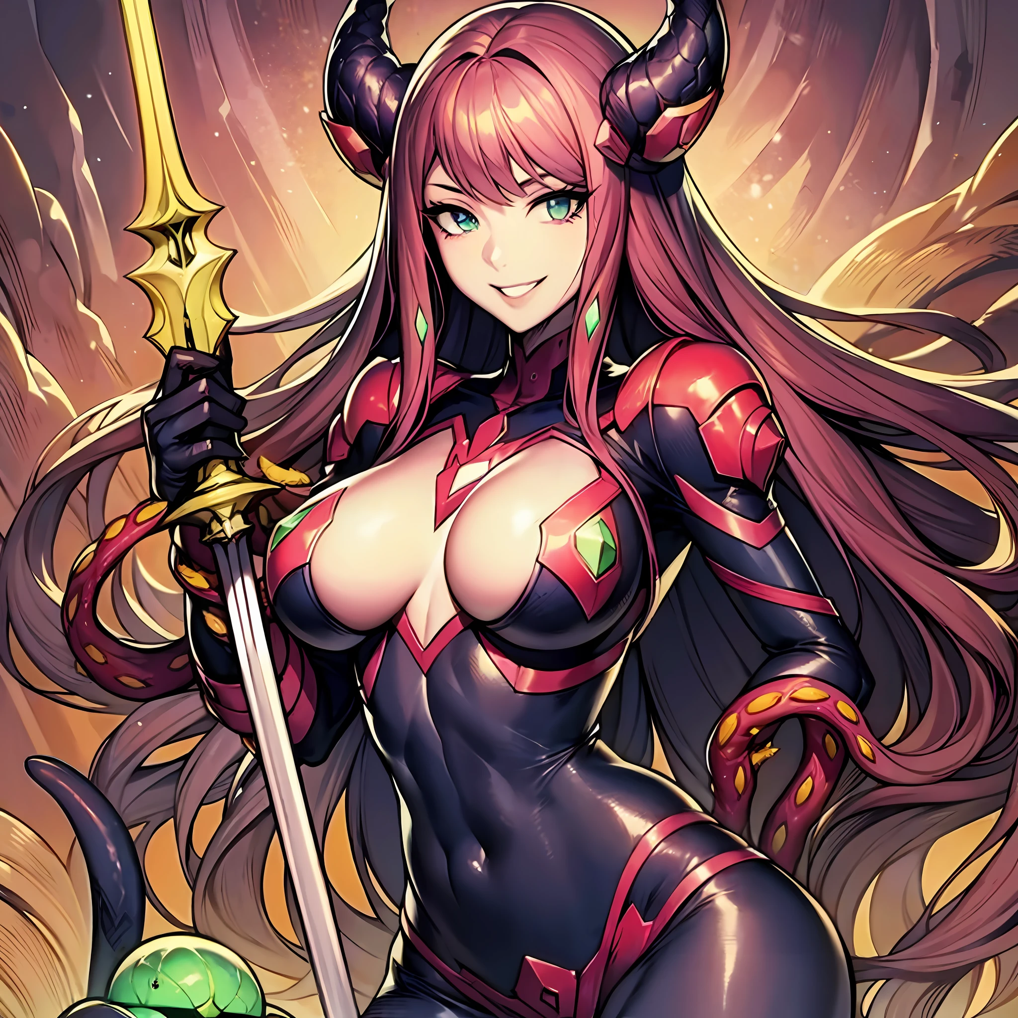 Woman wearing hot water dripping tentacles、wicked smile、Lustrous tentacles、I have a magic sword、Cel Shade Adult Animation、Metroid Suit、long  hair