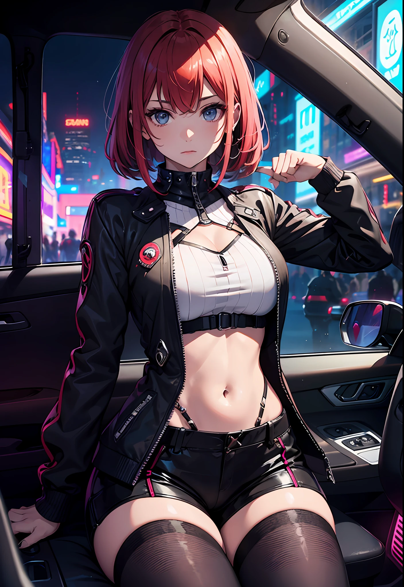 Obra maestra, alto detalle, mujer estilo rokero, cabello corto rojo intenso, sentada en un carro, pose sexi, Estilo cyber punk, Ciudad, luces neon, lots of lighting.