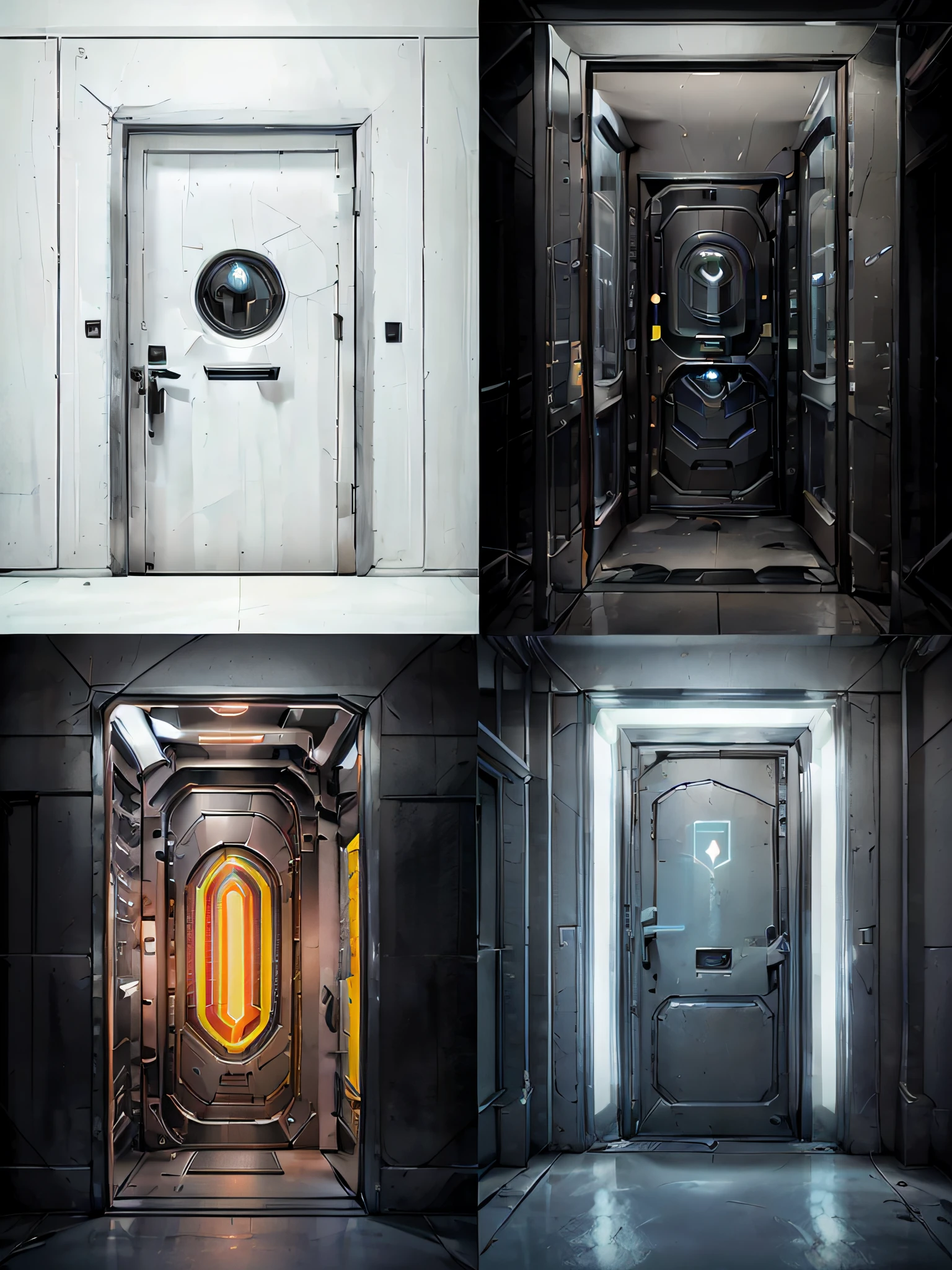 Close-up of a set of four different doors,With illuminated doors, detailed sci - fi backgrounds, doors that are cosmic portals, sci - fi details, Portals, glowing interior components, scifi design, cube portals, futuristic art style, intense sci-fi details, sci fi patterns, mechanical features and neon, colors of tron legacy, Sci-fi style,(Observe the hole),Nice looking door handle