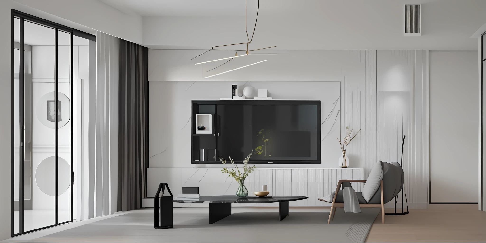 a living room with a large tv and a large window, white marble walls, minimalistic and beautiful, Modern living room, high quality rendering, popular interior design style, modernsimplicity, apartment with black walls, marble walls, futuristic looking living room, modern minimal design, cinematic accent lighting, Modern style, elegant and refined, vray 8k render --auto