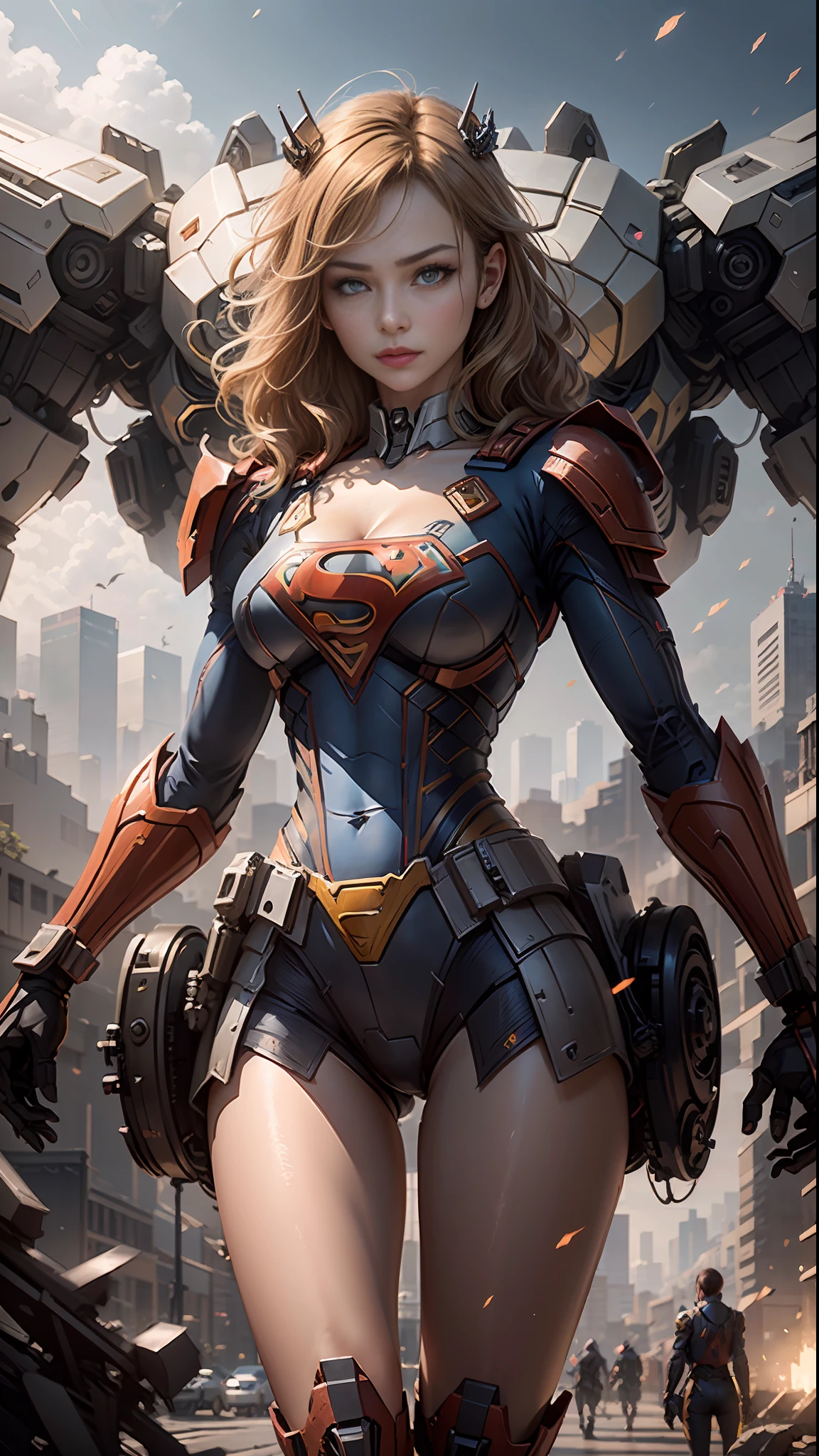 ((Best Quality)), ((Supergirl's Masterpiece)), (Very Detailed: 1.3), 3D, Shitu-mecha, Beautiful cyberpunk woman wearing crown with her ruined mecha of a forgotten war city, long blonde hair, blue eyes, superman S symbol on chest, sci-fi technology, HDR (High Dynamic Range), ray tracing, nvidia RTX, super resolution, unreal 5, subsurface tering, PBR texture, post-processing, anisotropic filtering, depth of field, maximum sharpness and sharpness, multi-layer texture, specular and albedo mapping, surface shading, accurate simulation of light-material inteerfect proportions, octane rendering, duotone lighting, low ISO, white balance, rule of thirds, wide aperture, 8K RAW, high-efficiency subpixels, subpixel convolution, light particles, light scattering, Tyn effect