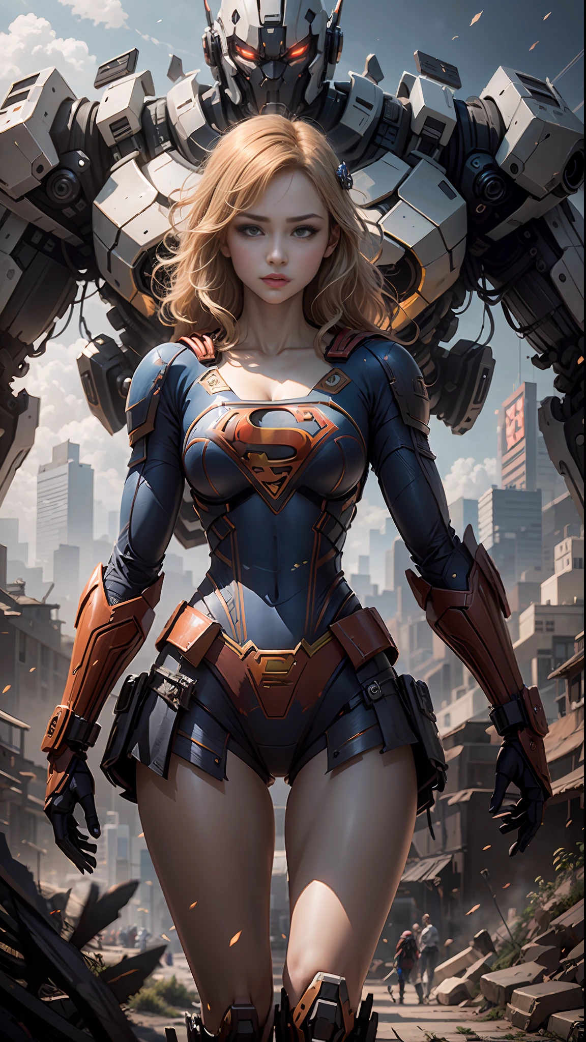 ((Best Quality)), ((Supergirl's Masterpiece)), (Very Detailed: 1.3), 3D, Shitu-mecha, Beautiful cyberpunk woman wearing crown with her ruined mecha of a forgotten war city, long blonde hair, blue eyes, superman S symbol on chest, sci-fi technology, HDR (High Dynamic Range), ray tracing, nvidia RTX, super resolution, unreal 5, subsurface scattering, PBR texture, post-processing, anisotropic filtering, depth of field, maximum sharpness and sharpness, multi-layer texture, specular and albedo mapping, surface shading, accurate simulation of light-material interactions, perfect proportions, octane rendering, duotone lighting, low ISO, white balance, rule of thirds, wide aperture, 8K RAW, high-efficiency subpixels, subpixel convolution, light particles, light scattering, Tyndall effect