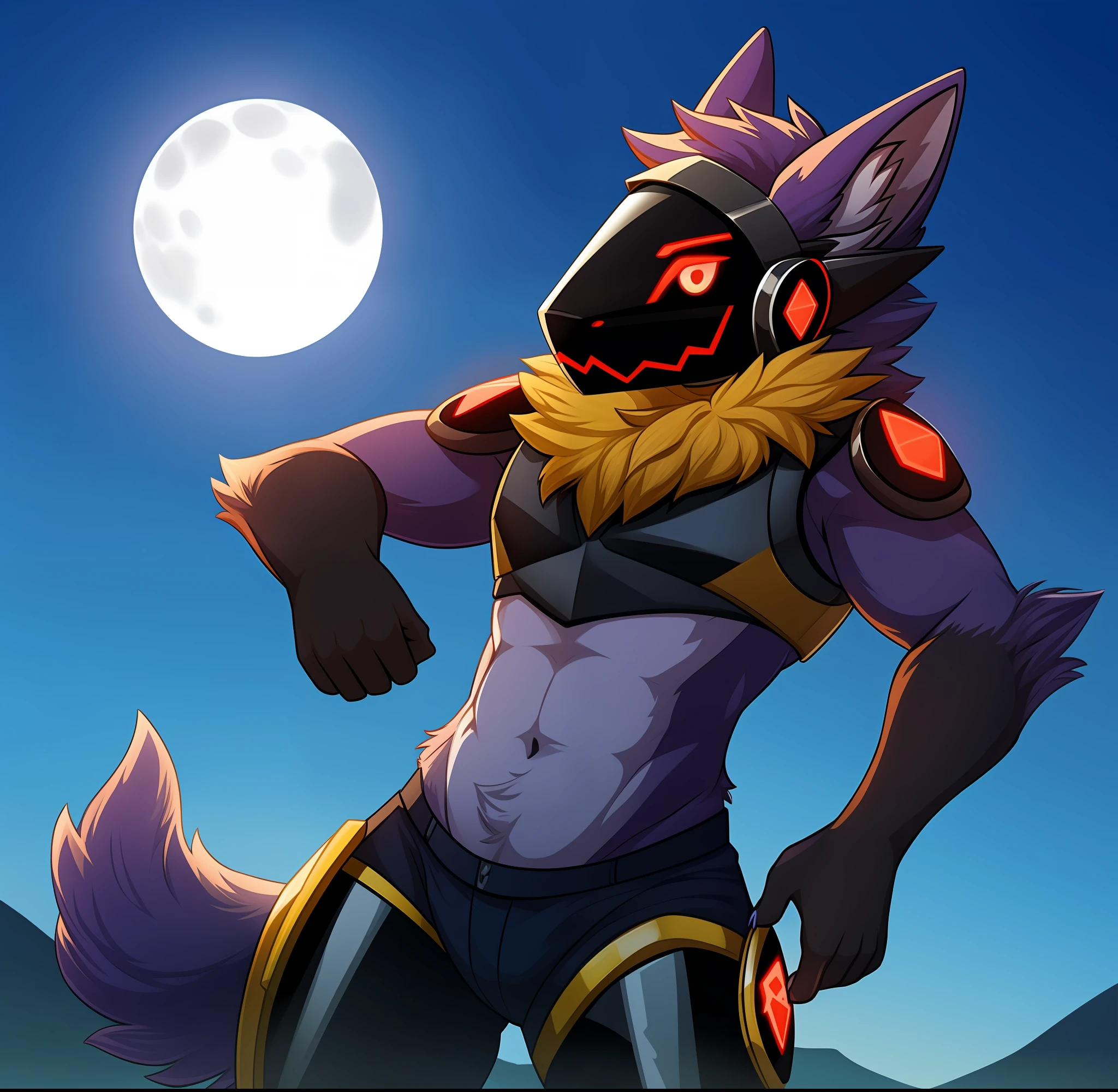 Protogen, pelaje ????? y ojos rojos, pelaje suave, cuerpo detallado, pose de pelea,sosteniendo una espada con una mano ,cielo oscuro