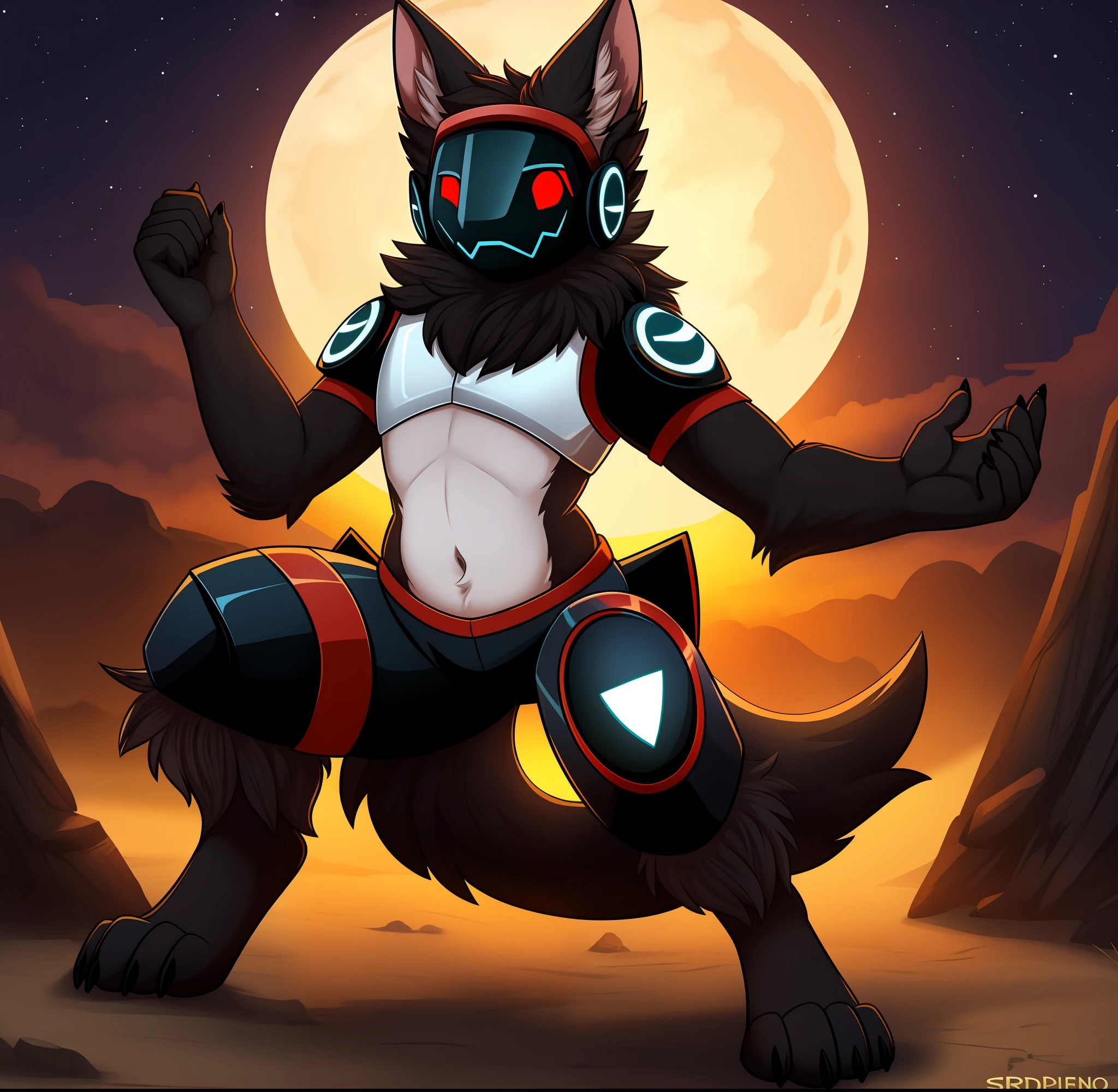 Protogen, pelaje negro y ojos rojos, pelaje suave, cuerpo detallado, pose de pelea,sosteniendo una espada con una mano ,cielo oscuro