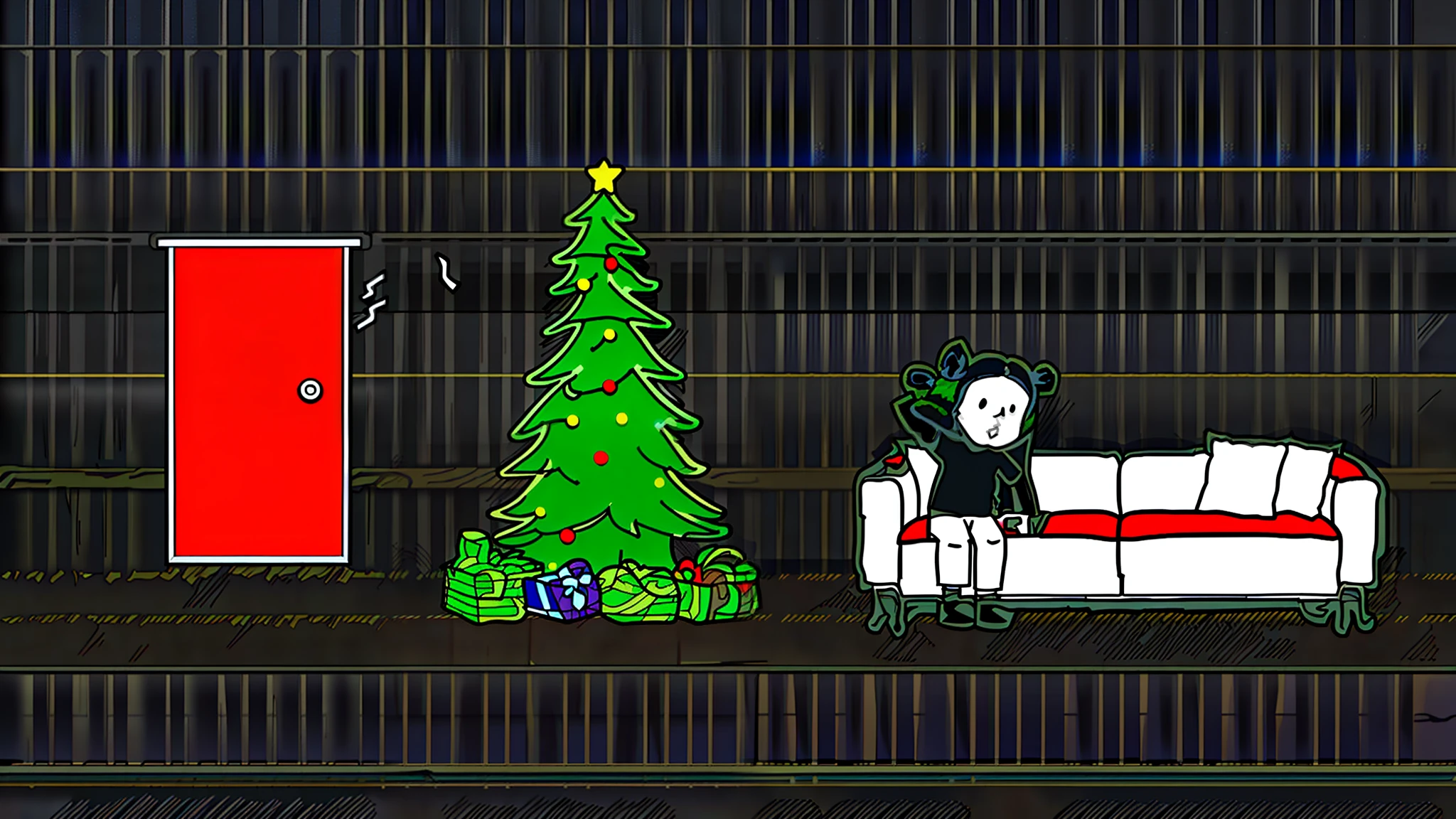 a cartoon of a man sitting on a couch next to a christmas tree, gifts, holiday season, Holiday, Festive atmosphere, I mean, Easy to understand, twas brillig, stick figure, 🪔 🎨;🌞🌄, desenho, 2 d, 2D, ever-present, cartoonish and simplistic, Line - Art, ideas