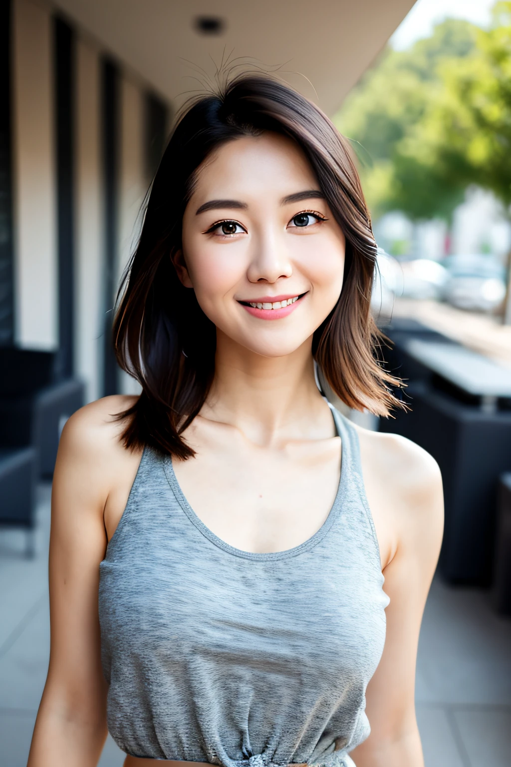 Top quality photo, soft lighting, (1 girl), (perfect female body)), curvaceous, short brown hair, full body, (masterpiece: 1.2), symmetry, (highly detailed face: 1.2), smile, mature woman, thin waist, clean, beautiful face, pure face, pale skin, beautiful eyes, bangs, tank top, white, Hong Kong girl, café terrace,