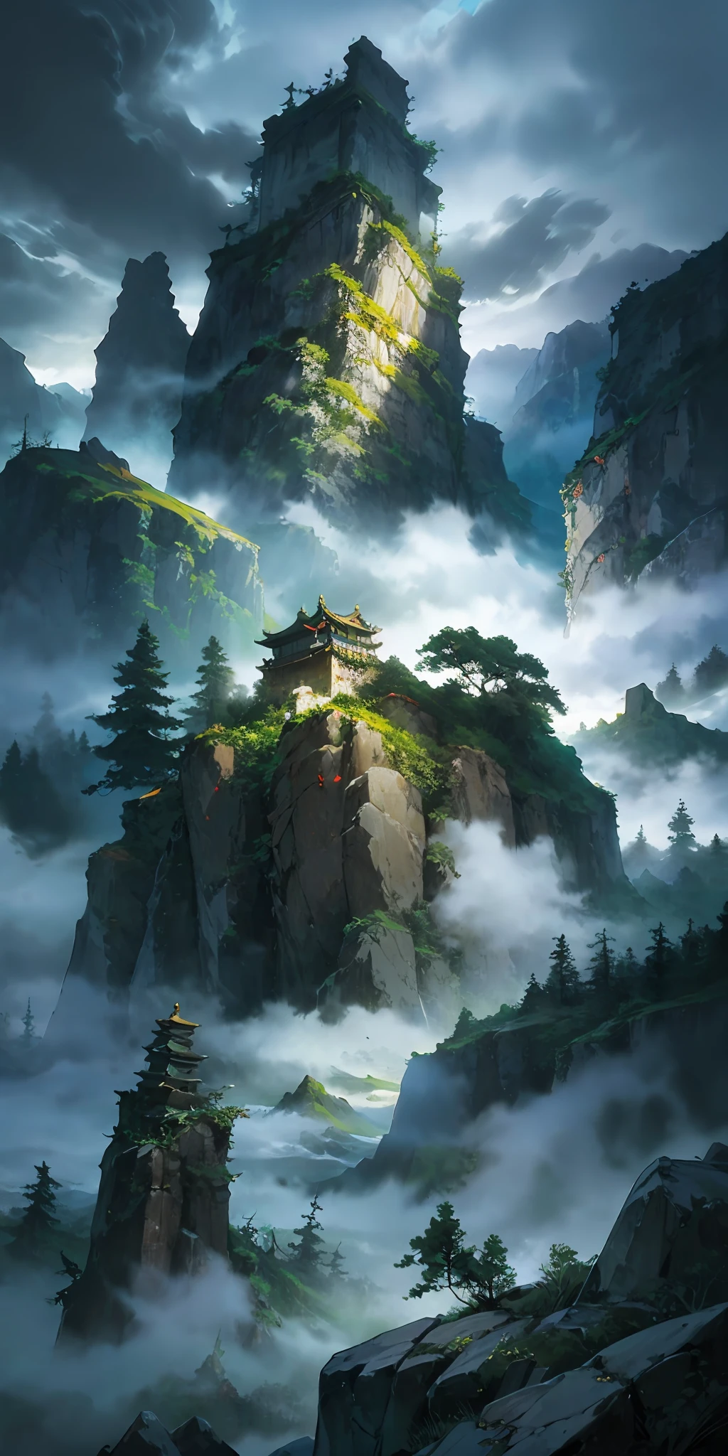 “（（masterpaintings）），High quality，Super meticulous，A majestic ancient Chinese city in the mountains，surrounded by cloud，dense fog，Immortals，stunning lighting effects，A spectacle of pure natural beauty。”