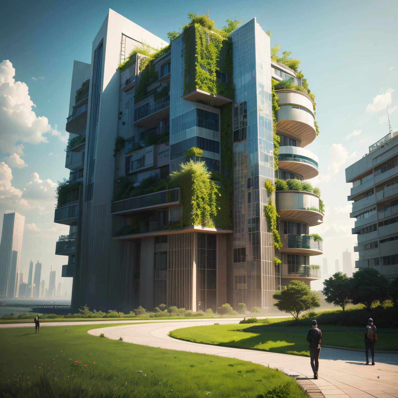 Make a surrealist landscaping composition, futurista, cidade moderna, futuro, paisagismo, landscape design, dia, hiper detalhado --auto