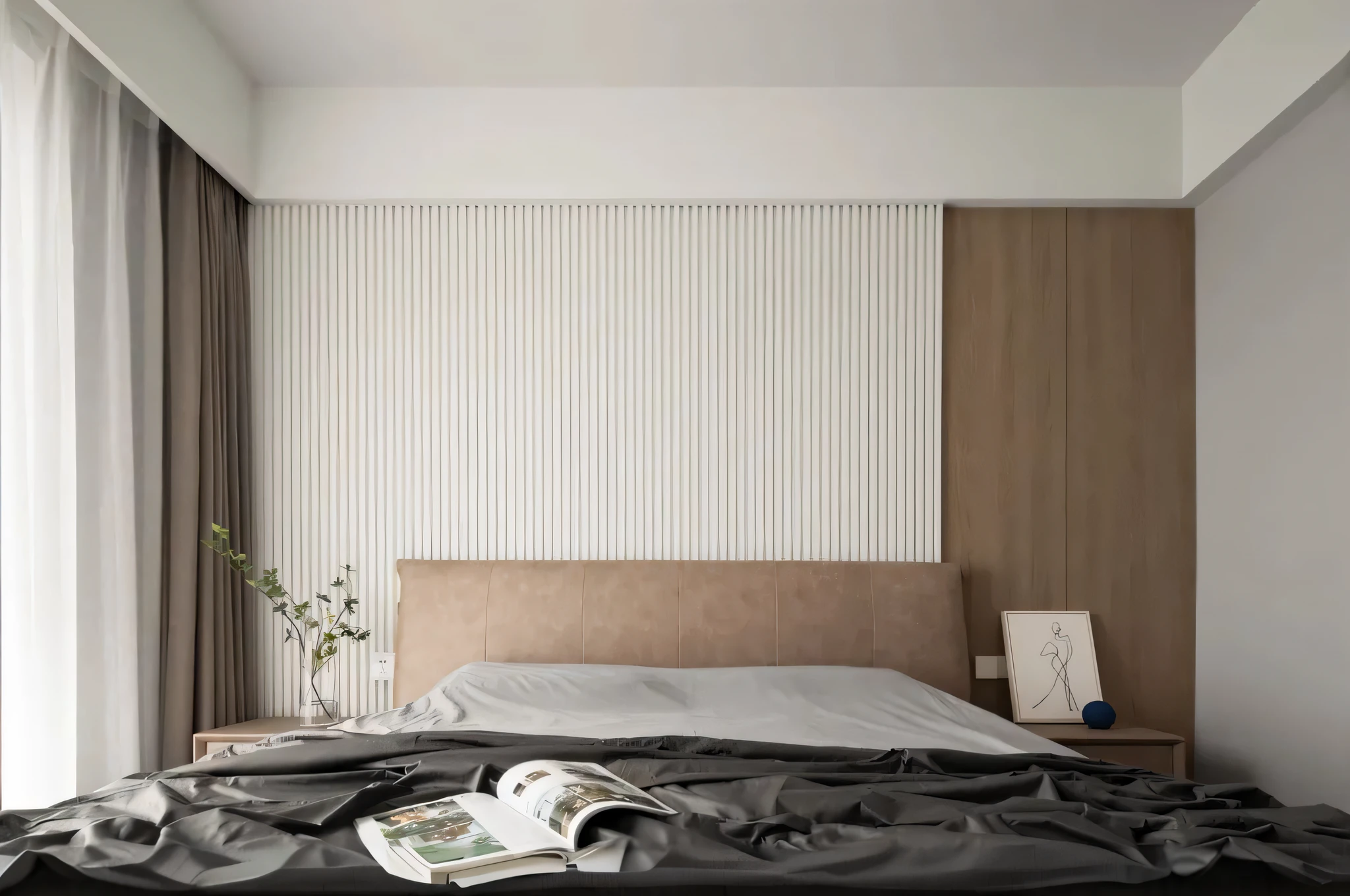 there is a bed with a black blanket and a book on it, modern minimalist f 2 0, modernsimplicity, maximalist interior design, realistic 3 d style, modern minimalist f 2 0 clean, minimalistic and beautiful, muted colors with minimalism, style of surrealism, modern minimal design, animation style render, high quality rendering, neotraditional modern minimalist