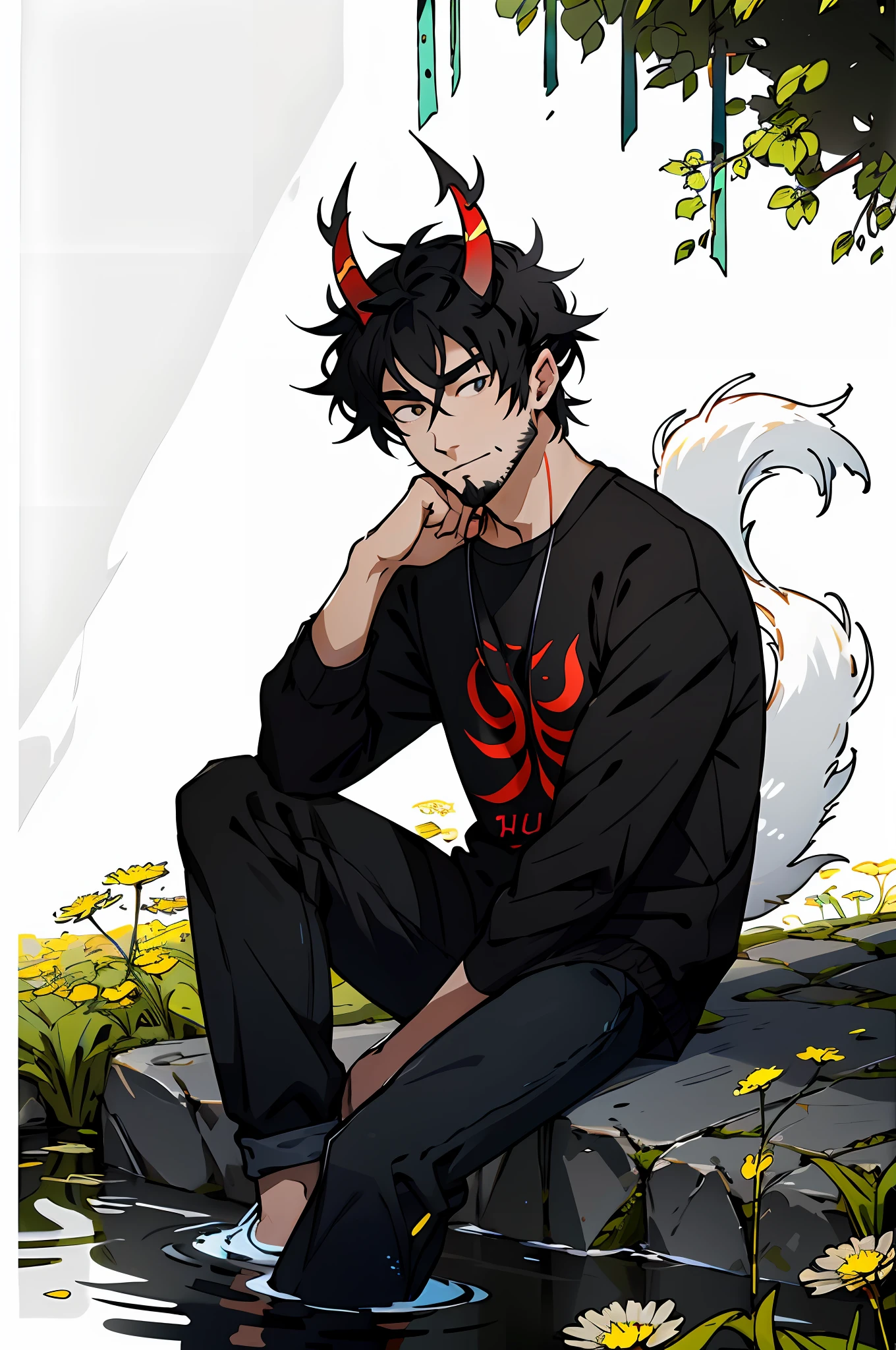 Best quality, masterpiece, expressionless, ultra high res, detailed background, realistic, 1man, solo, male, normal body ratio, 25-year-old male, short black hair, white bangs, very short stubble facial hair, soft smile, small red devil horns, long black fluffy tail, casual clothes, anime fan aesthetic, sitting, water, dandelion field, real shadow and light, depth of field.