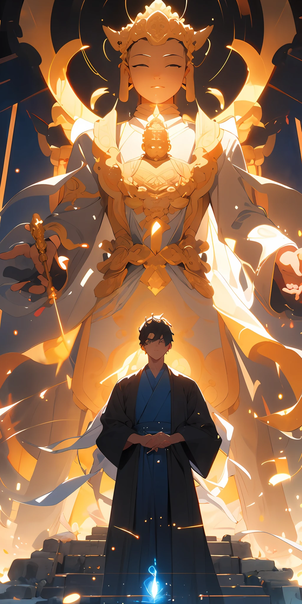 ,(masterpaintings:1.2),Best Quority,Pisif,
1 boy,独奏,black har,Short Hair Hair,glowing with,Hands up,long sleeves,to stand,Stand in front of the blue glowing Buddha statue