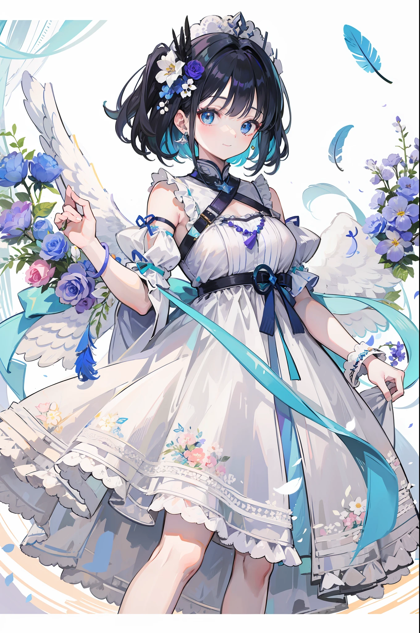 Anime Pictures。Beautiful shades of iridescent prism。A girl about 18 years old with a large angel feather on her back is smiling happily。A lot of flowers on the feathers。Glossy silver bob hair。Wearing a beautiful sheer sheer dress with embroidery。Composition with many colorful flowers designed。Extremely high quality、high picture quality、Maste Piece、Best-aesthetic