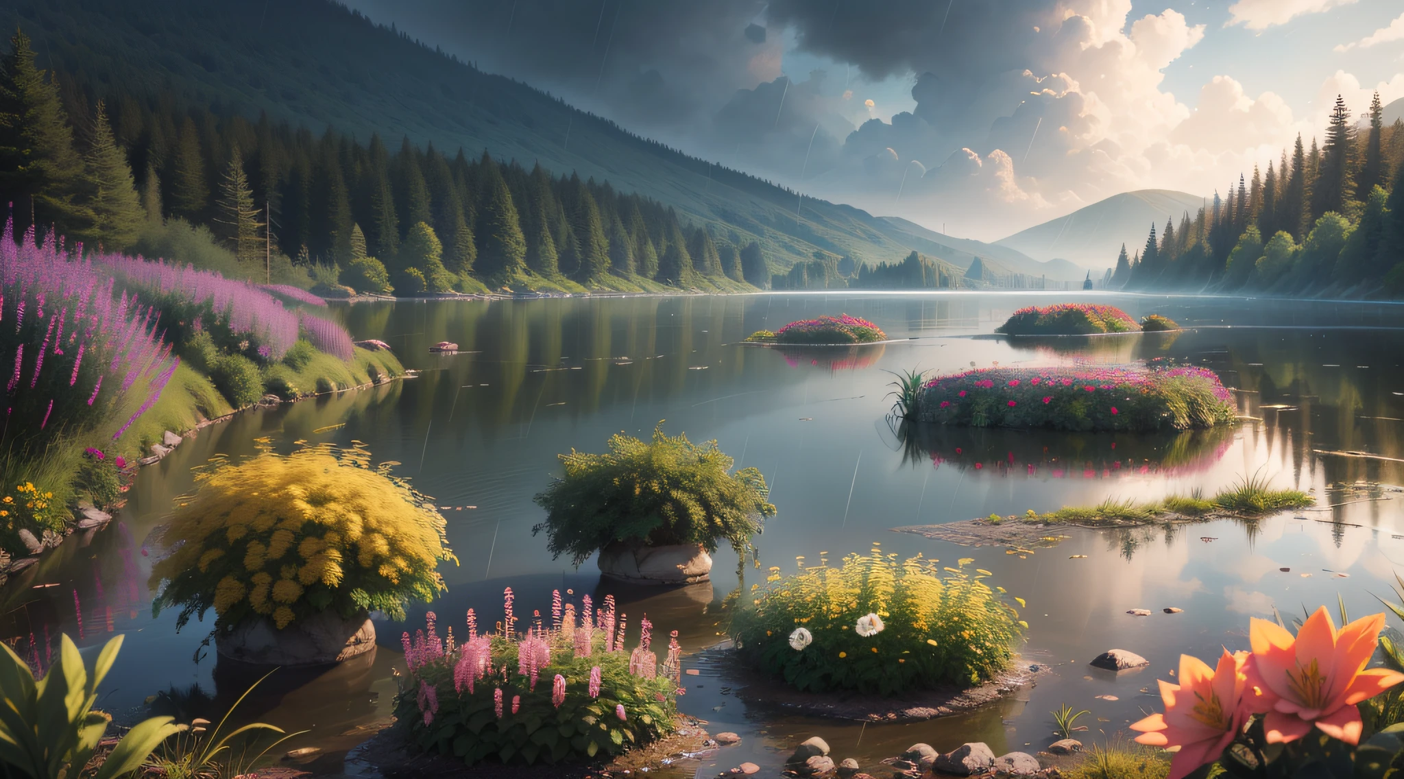 "Immerse yourself in vivid and realistic rainy landscapes, adorned with vibrant and diverse flowers, set against a picturesque lake - all in stunning HD & 4K quality."