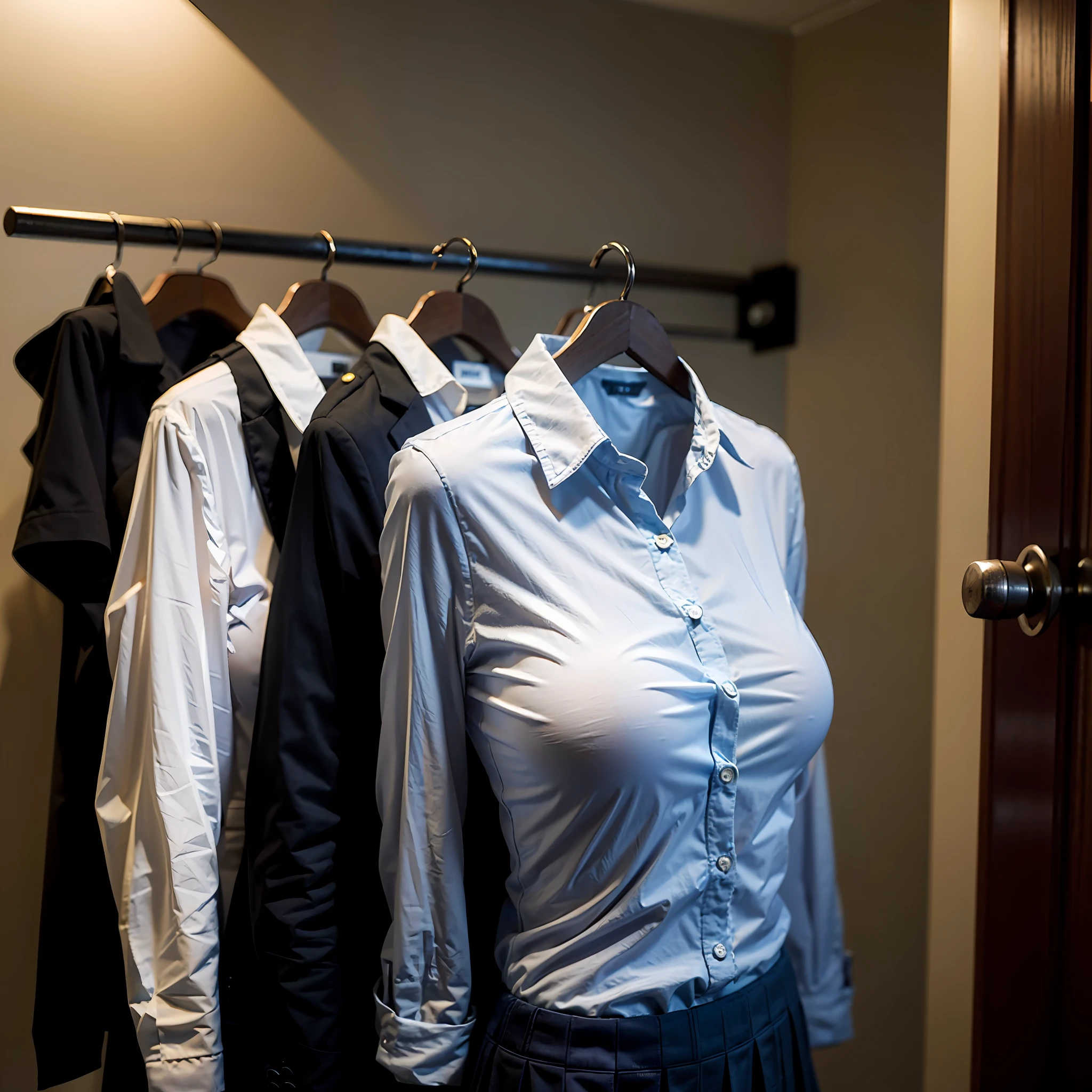 (realistic: 0), ((no humans)), ((invisible)), ((faceless)), ((headless)), ((empty clothes)), ((huge breasts)), girls' school uniforms on hangers swells as if possessed by invisible girls, huge breasts, ((school uniforms on hangers)), in the closet