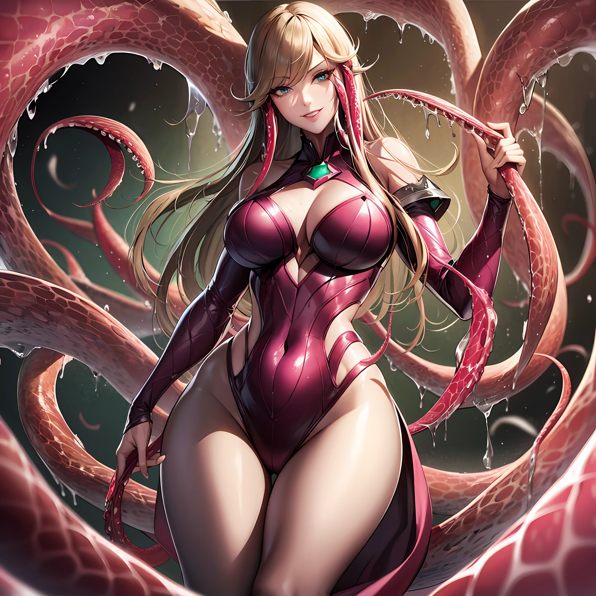 Woman wearing hot water dripping tentacles、wicked smile、Lustrous tentacles、Holding a tentacle sword、Cel Shade Adult Animation、Metroid Suit、long  hair