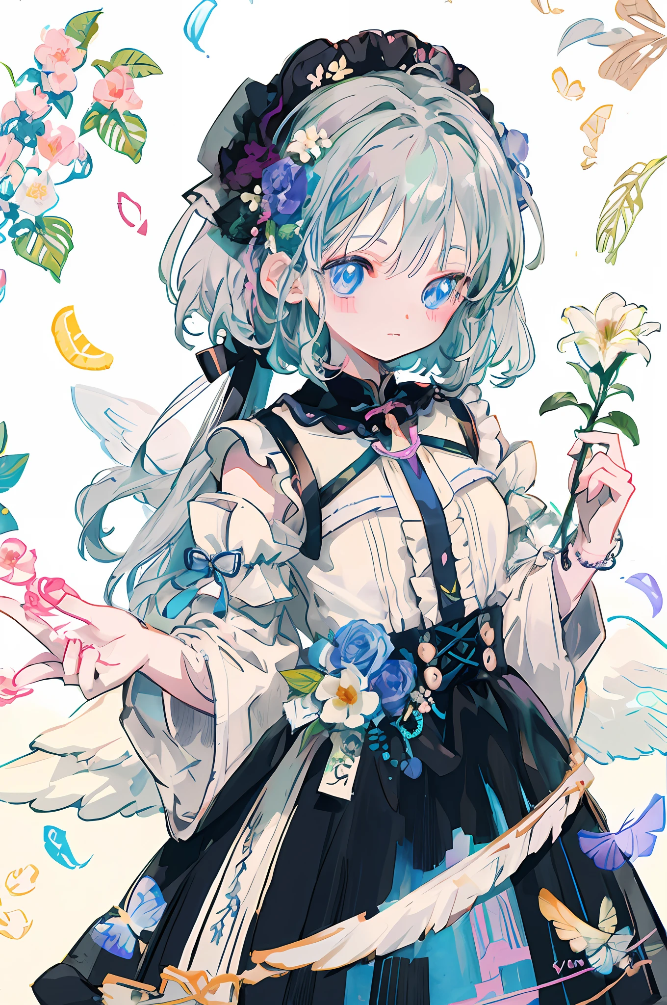 Holding a flower in hand、Anime girl with butterfly in hand, Digital art at Pixiv, pixiv style, high detailed official artwork, official artwork, Lori, pixiv, splash art anime loli, Pixiv Contest Winner, Anime Illustration, Trending in ArtStation pixiv, cute art style, digital anime illustration, anime style 4 k