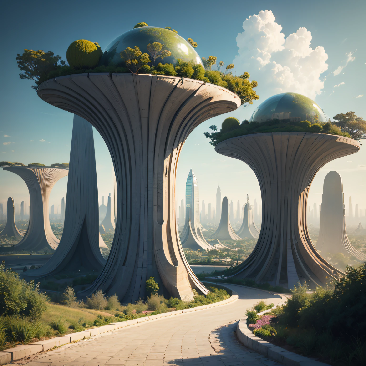 Make a surrealist landscaping composition, futurista, cidade moderna, futuro, paisagismo, landscape design, dia, hiper detalhado --auto