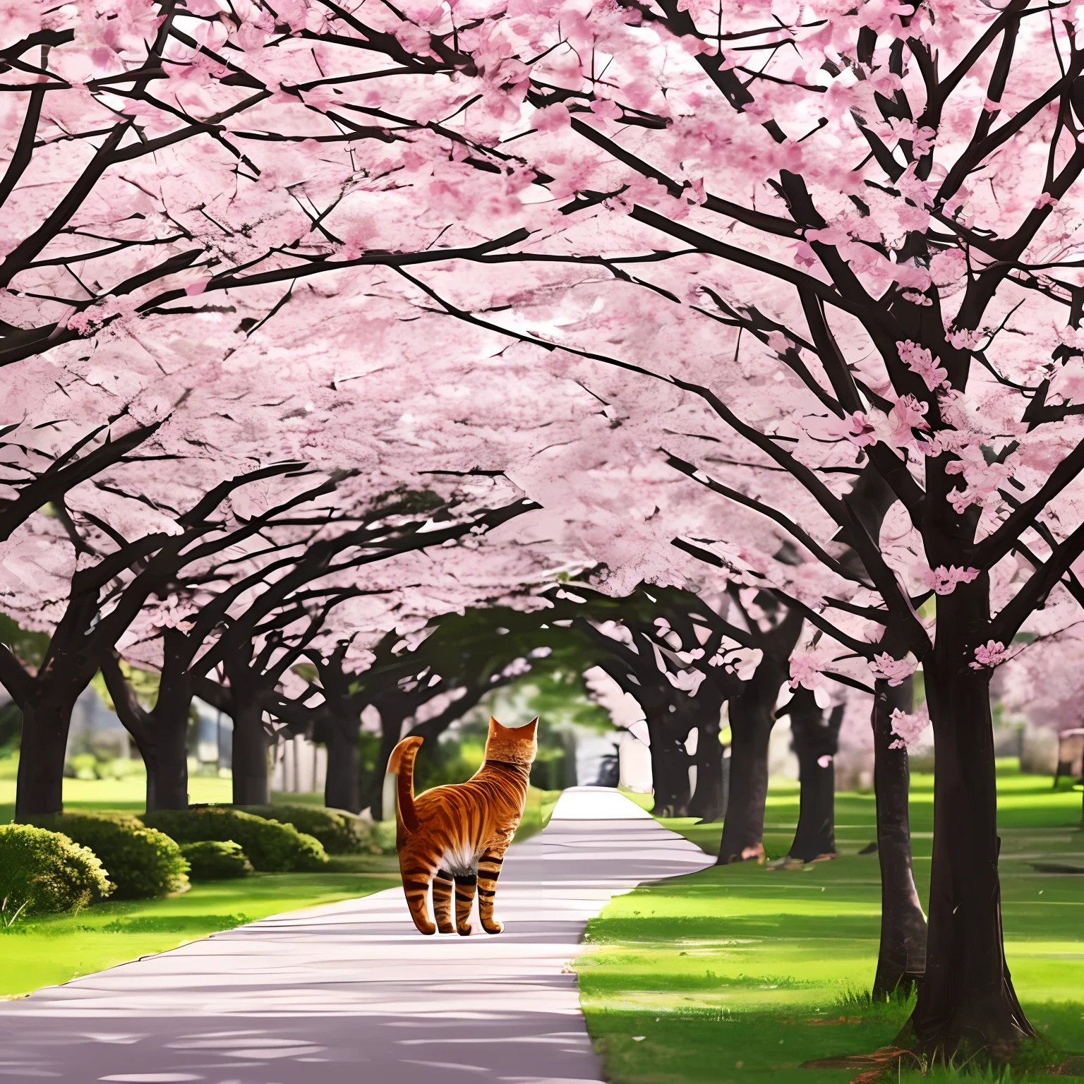 Illustration of a cat standing in the middle of a row of cherry blossom trees --auto