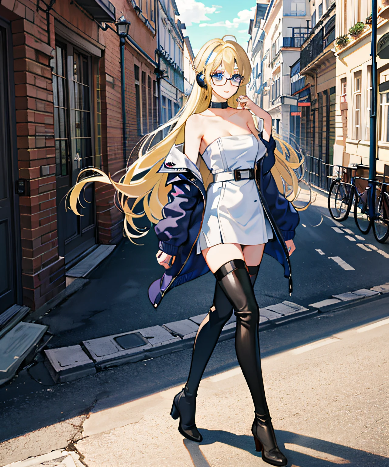 masterpiece, single woman, solo, backpack, incredibly absurd, blonde hair, absurdly long hair, blue eyes, medium breasts, glasses, strapless top, cleavage, miniskirt, thigh high boots, headphones, Paris street, outdoor, pastel colors, full body, cowboy shot,